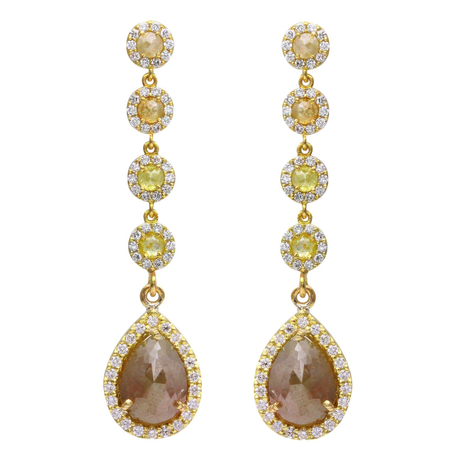 Amyn, Drop Rose Cut Pendant Dangle Diamond Earrings in 18k Yellow Gold For Sale