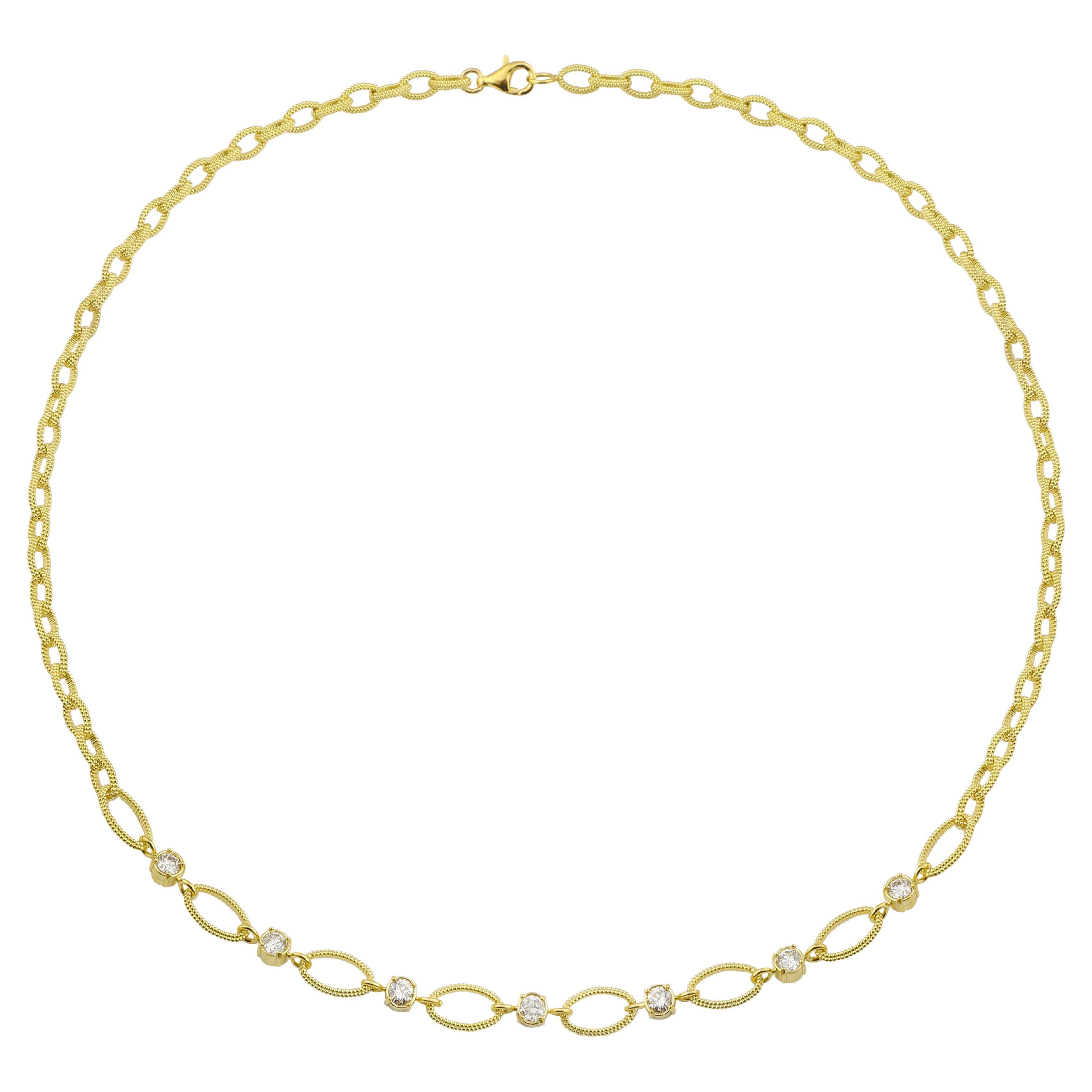 Amyn, Etruscan Oval Granulated Link Necklace with Diamonds in 18k Gold For Sale