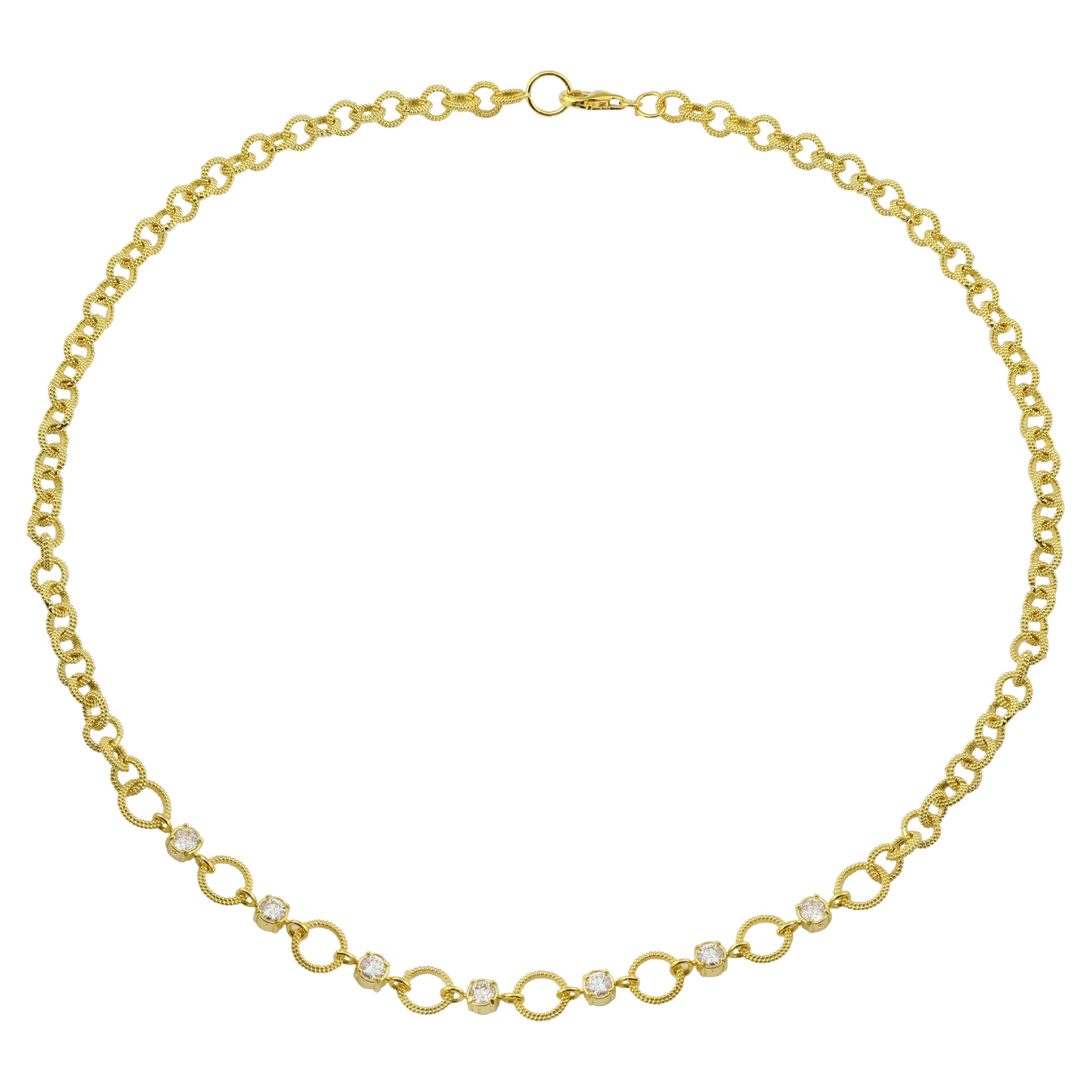 Amyn, Etruscan Round Granulated Link Necklace with Diamonds in 18k Gold For Sale
