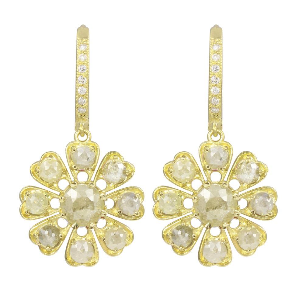 Amyn, Florette Diamond Pendant Earrings with Diamond Hoops in 18k Yellow Gold For Sale