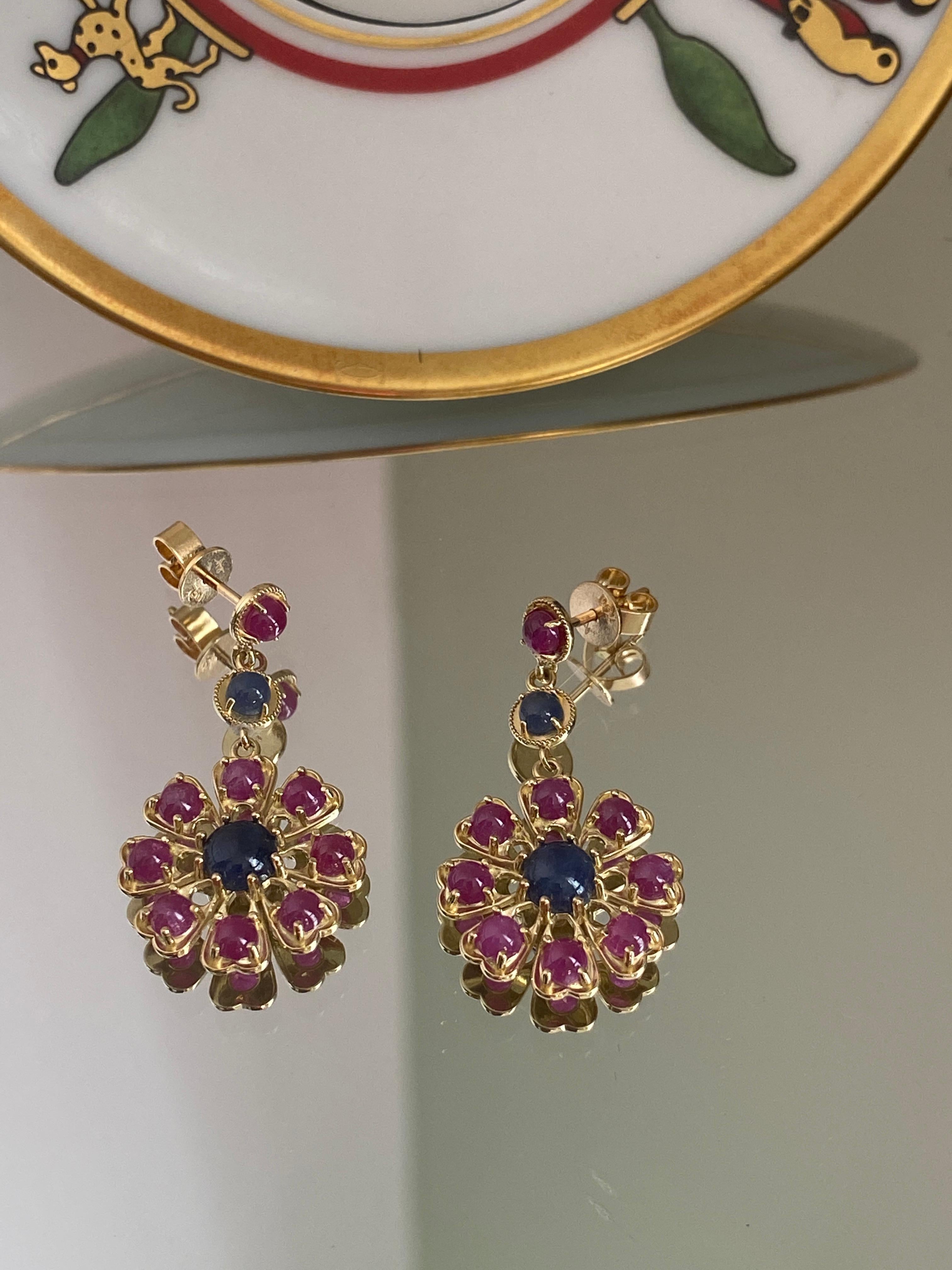 Amyn, Florette Ruby and Sapphire Pendant Post Earrings in 18k Yellow Gold In New Condition For Sale In Santa Monica, CA