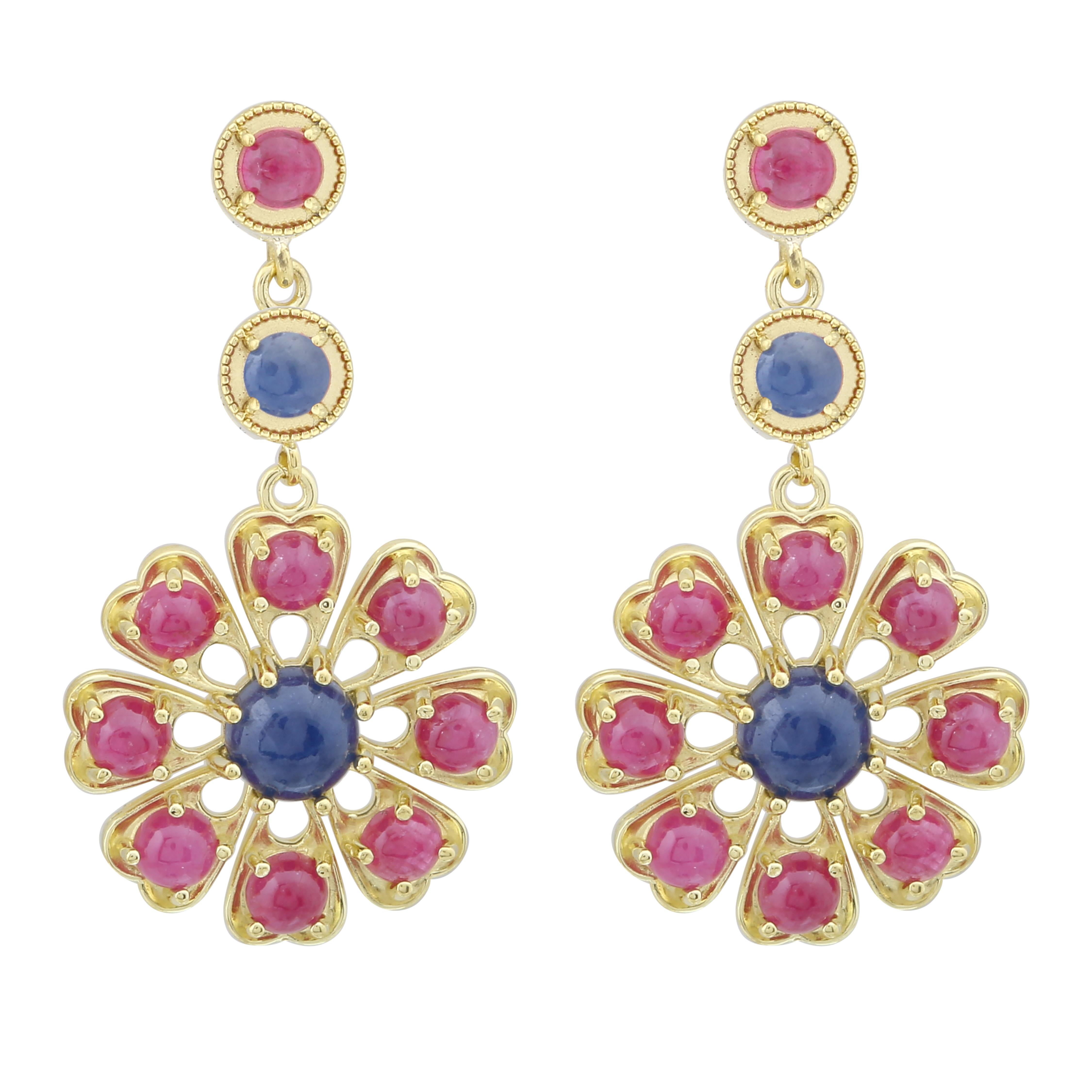 Amyn, Florette Ruby and Sapphire Pendant Post Earrings in 18k Yellow Gold For Sale