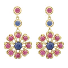 Amyn, Florette Ruby and Sapphire Pendant Post Earrings in 18k Yellow Gold