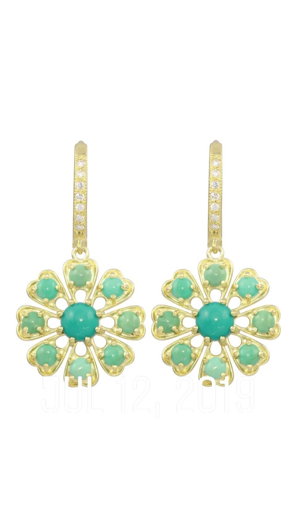 Women's or Men's Amyn, Florette Turquoise Pendant Earrings with Diamond Hoops in 18k Yellow Gold For Sale