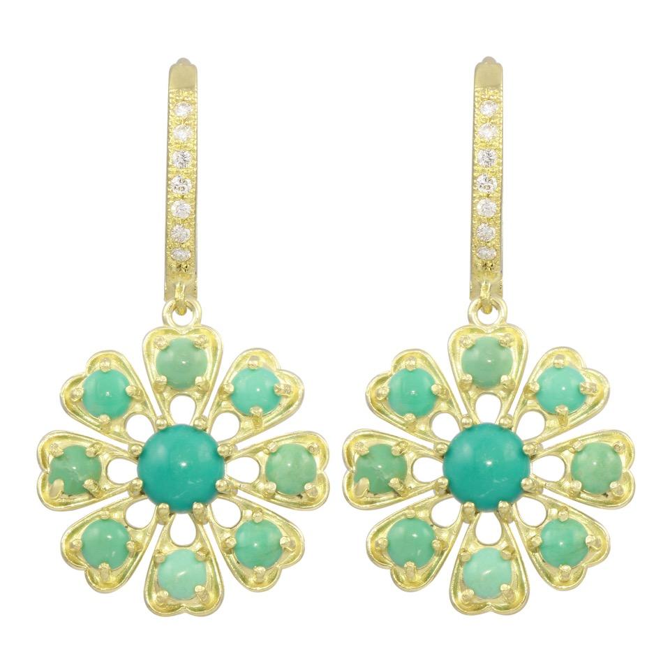 Amyn, Florette Turquoise Pendant Earrings with Diamond Hoops in 18k Yellow Gold For Sale