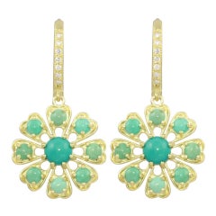 Amyn, Florette Turquoise Pendant Earrings with Diamond Hoops in 18k Yellow Gold