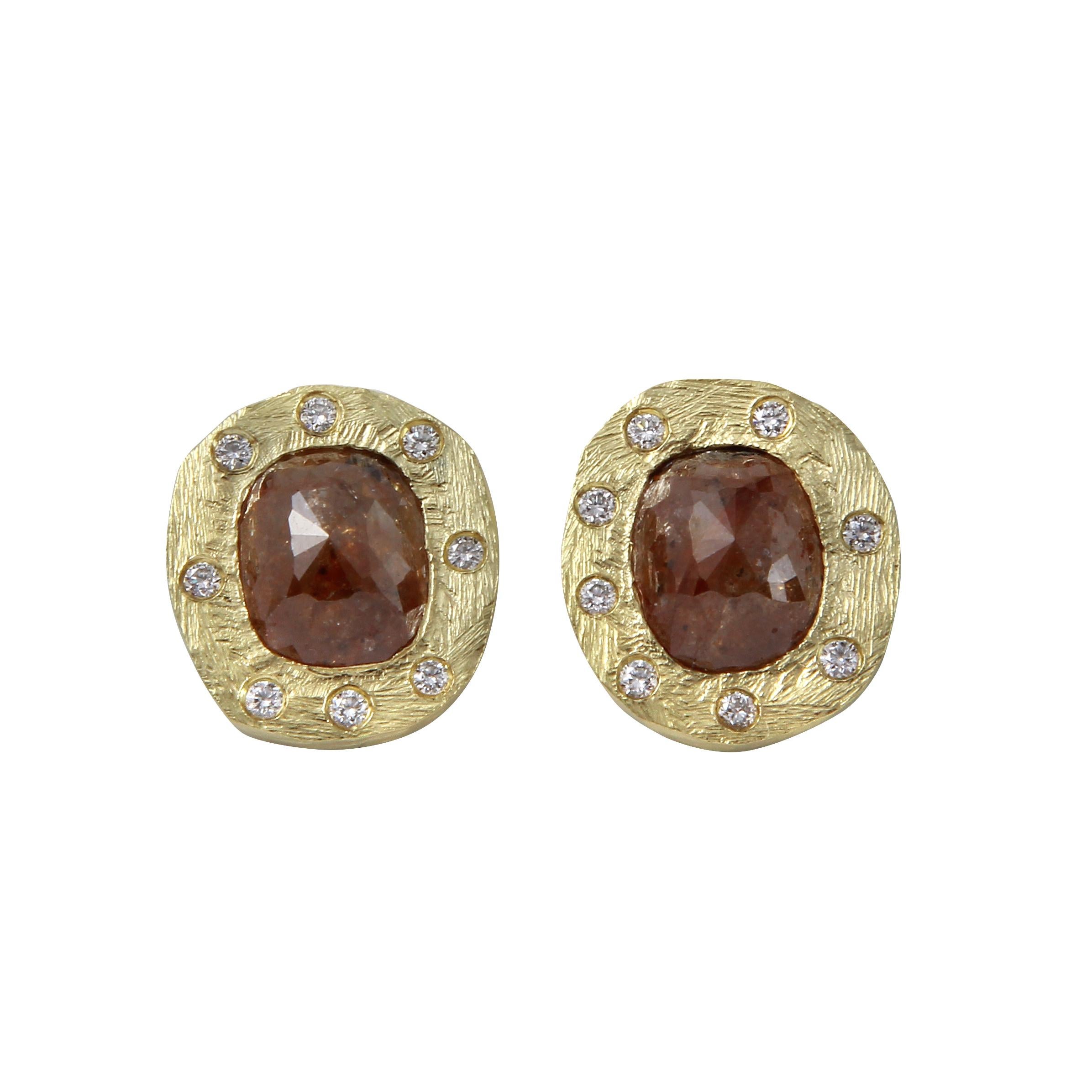 Natural Color Oval Rose cut and White Diamond  French Clip Studs in 18k Yellow Gold designed by Amyn The Jeweler.

Pair of large diamonds 11.12 cts.

 White  full cut diamonds 16 diamonds 0.32 cts. 

Total diamond weight 11.44 cts.

Passionately