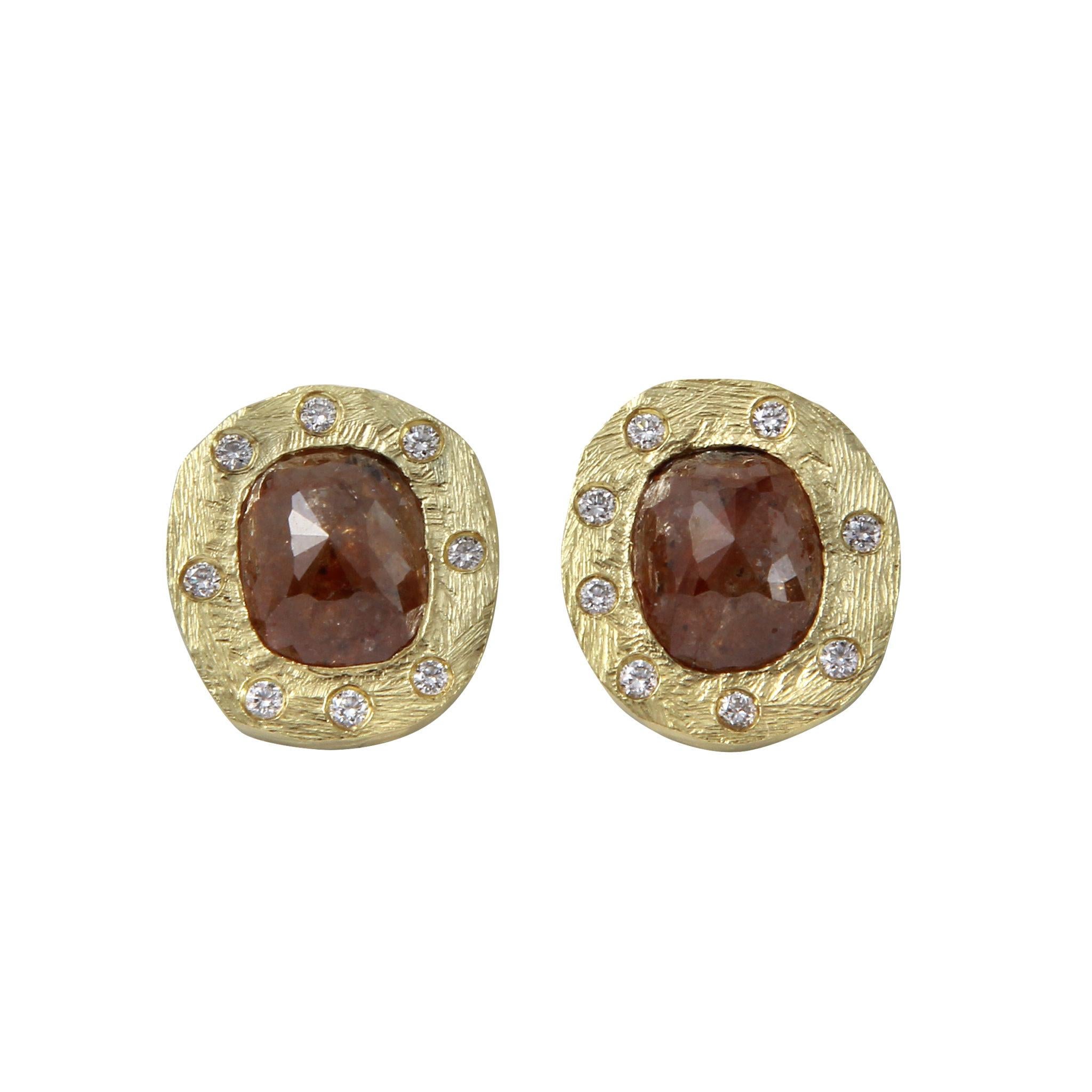 Amyn, Oval Rose Cut French Clip Diamond Earrings in 18k Yellow Gold For Sale