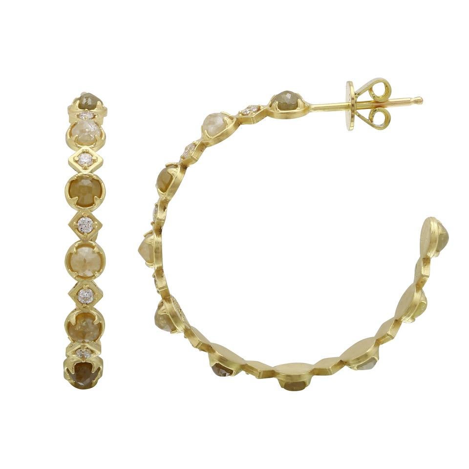 Amyn, Rose Cut Diamond and White Diamond Hoop Earrings in 18k Yellow Gold For Sale