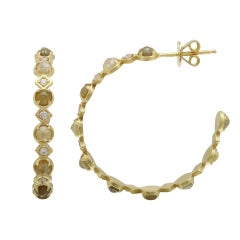 Amyn, Rose Cut Diamond and White Diamond Hoop Earrings in 18k Yellow Gold