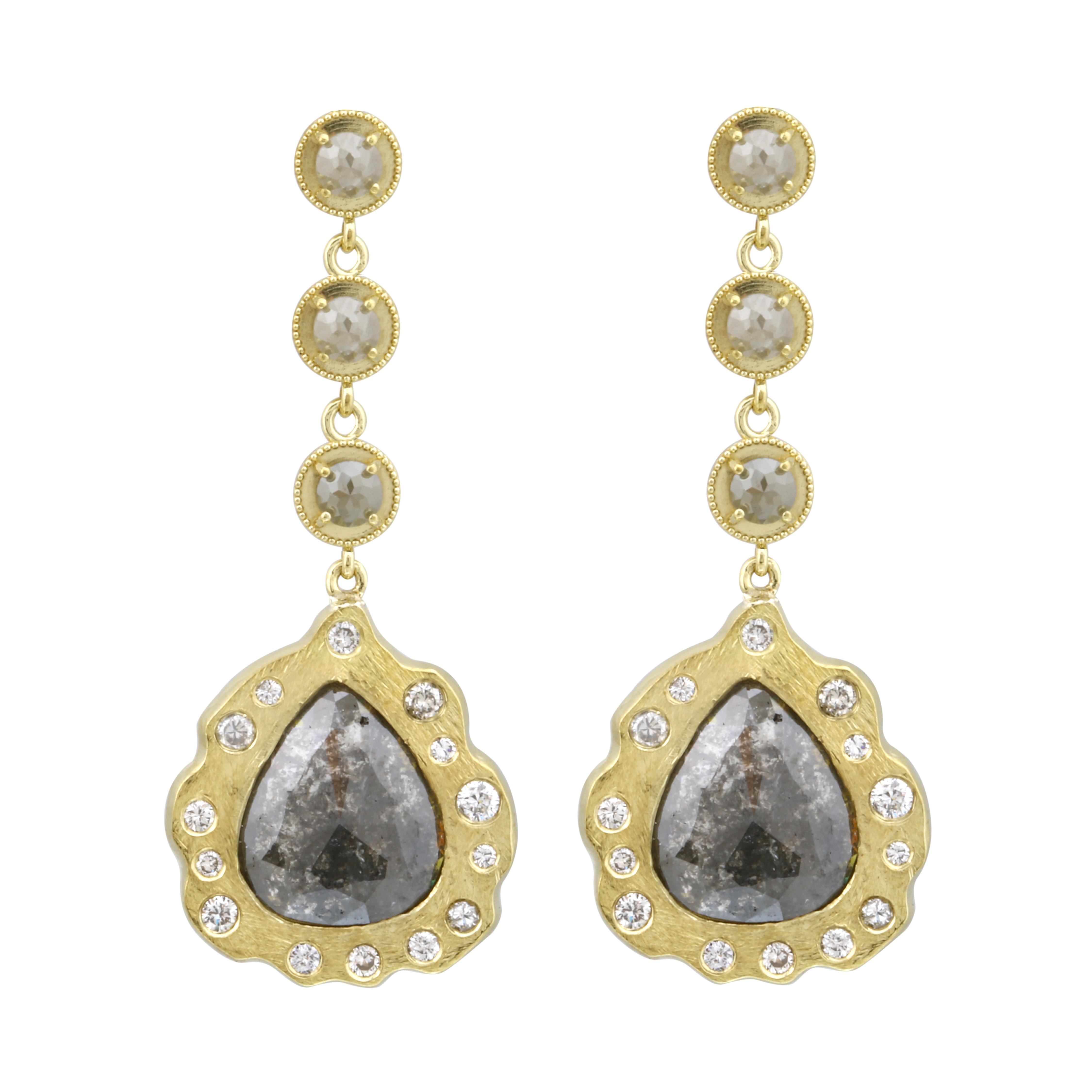 Amyn, Rose Cut Pendant Dangle Diamond Earrings in 18k Yellow Gold