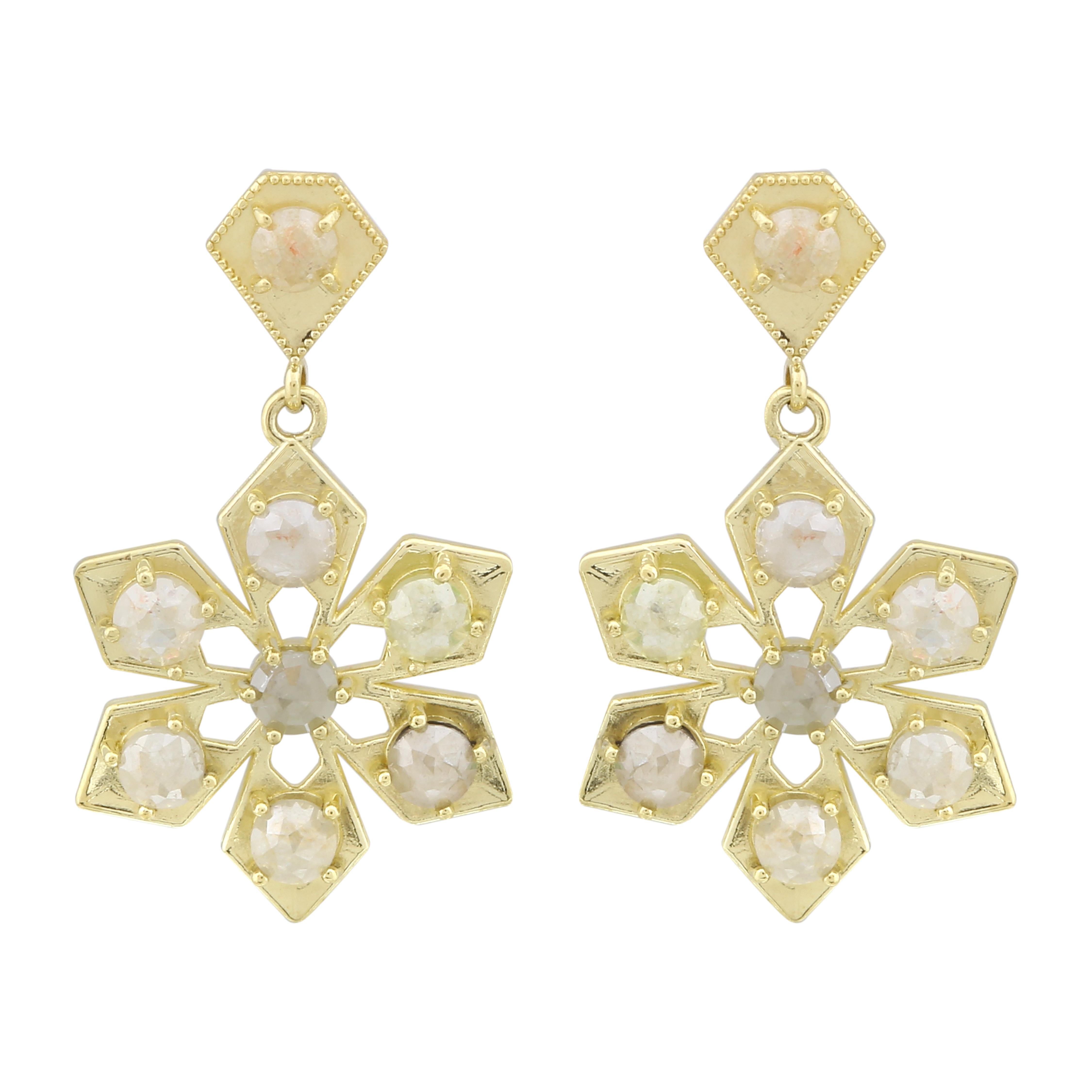 Amyn, Spear Florette Rose Cut Diamond Pendant Post Earrings in 18k Yellow Gold For Sale