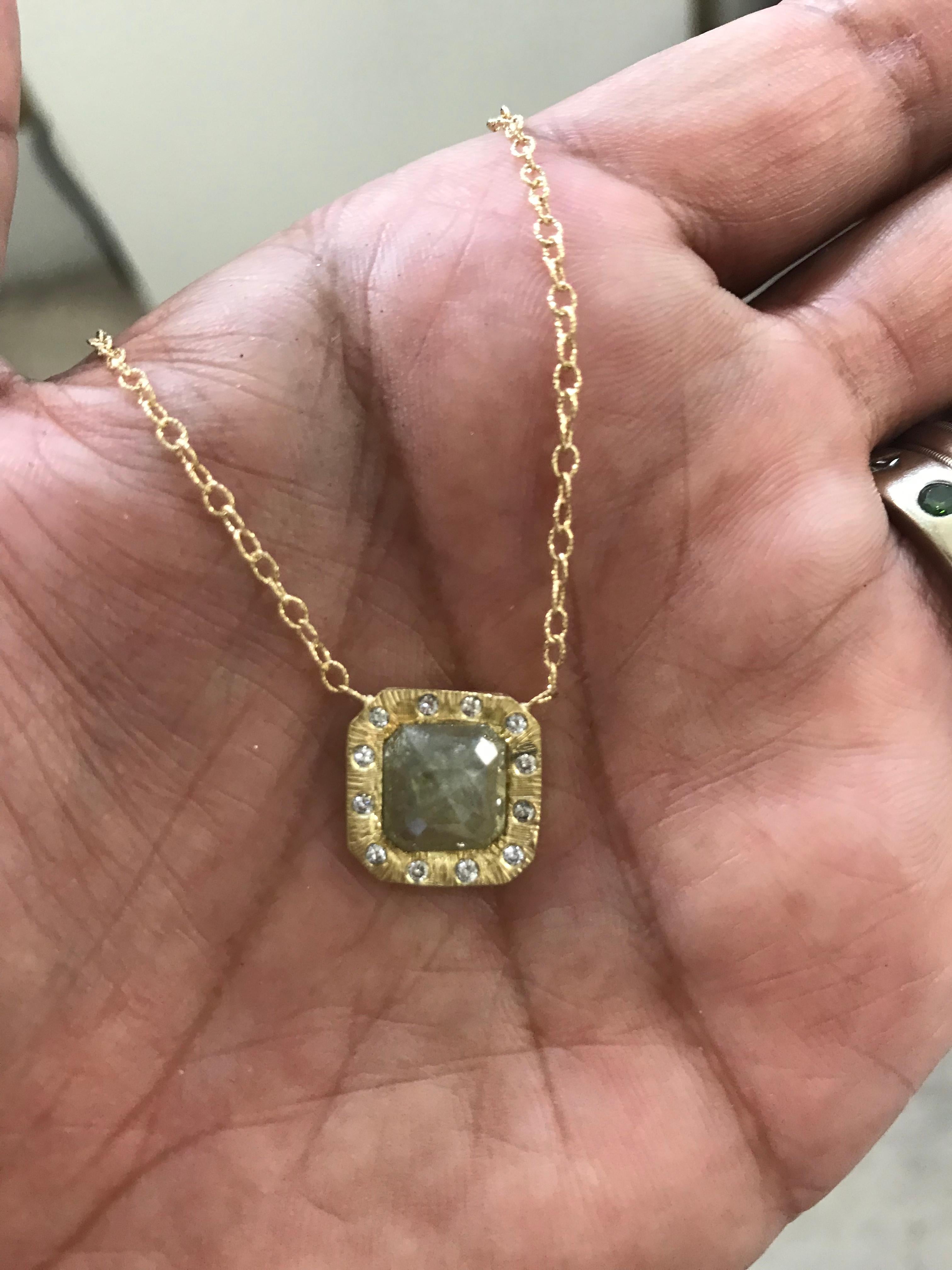 Natural Color Square Rosecut Diamond Necklace set in 18k Yellow gold designed by Amyn The Jeweler.

Center Diamond 3.62 cts. 

12 diamonds 0.36cts. 

Total Diamond weight 3.98cts

Passionately Created and Made in Los Angeles.

Model: NKSQRDIA


