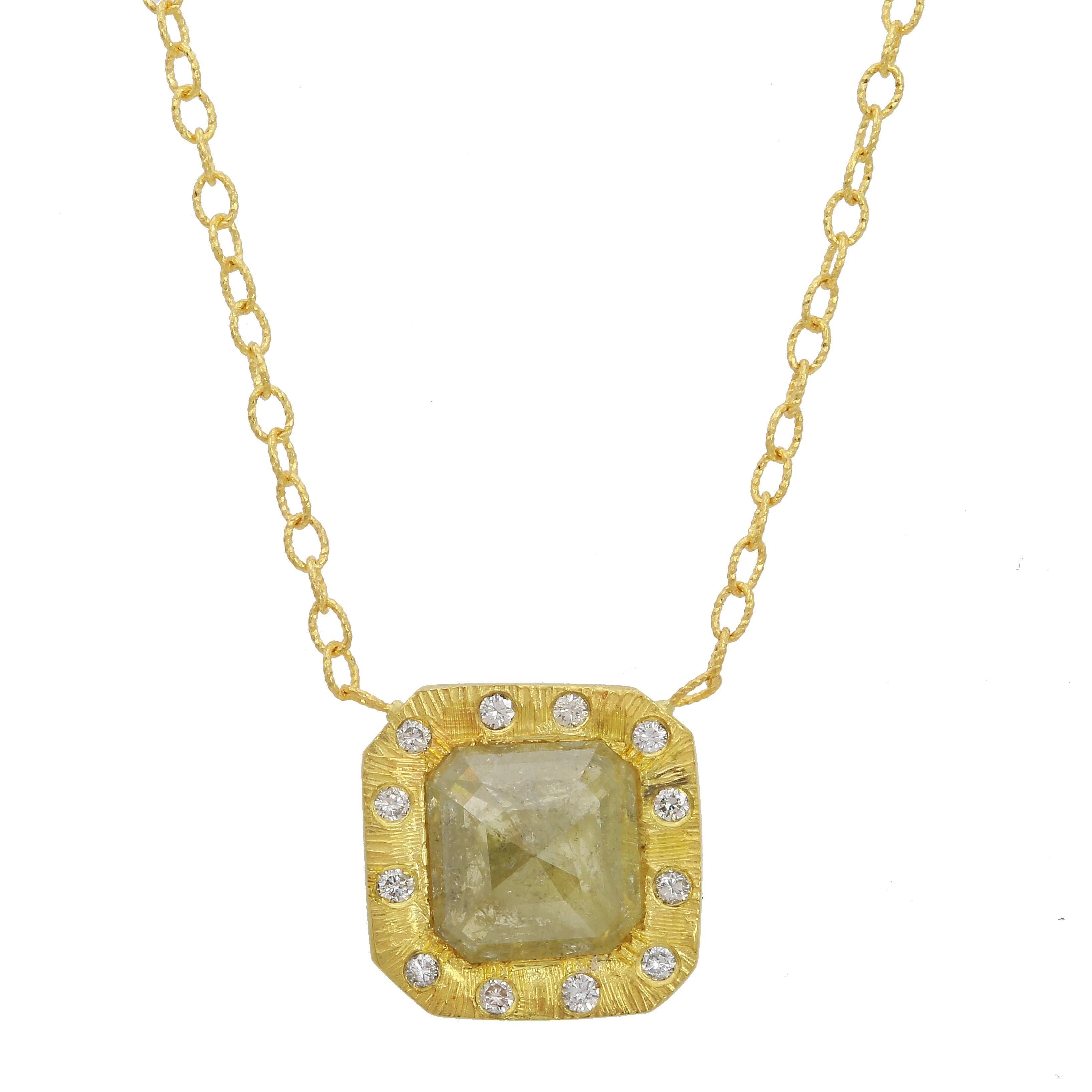 Amyn, Square Rose Cut Diamond Necklace in 18k Yellow Gold For Sale
