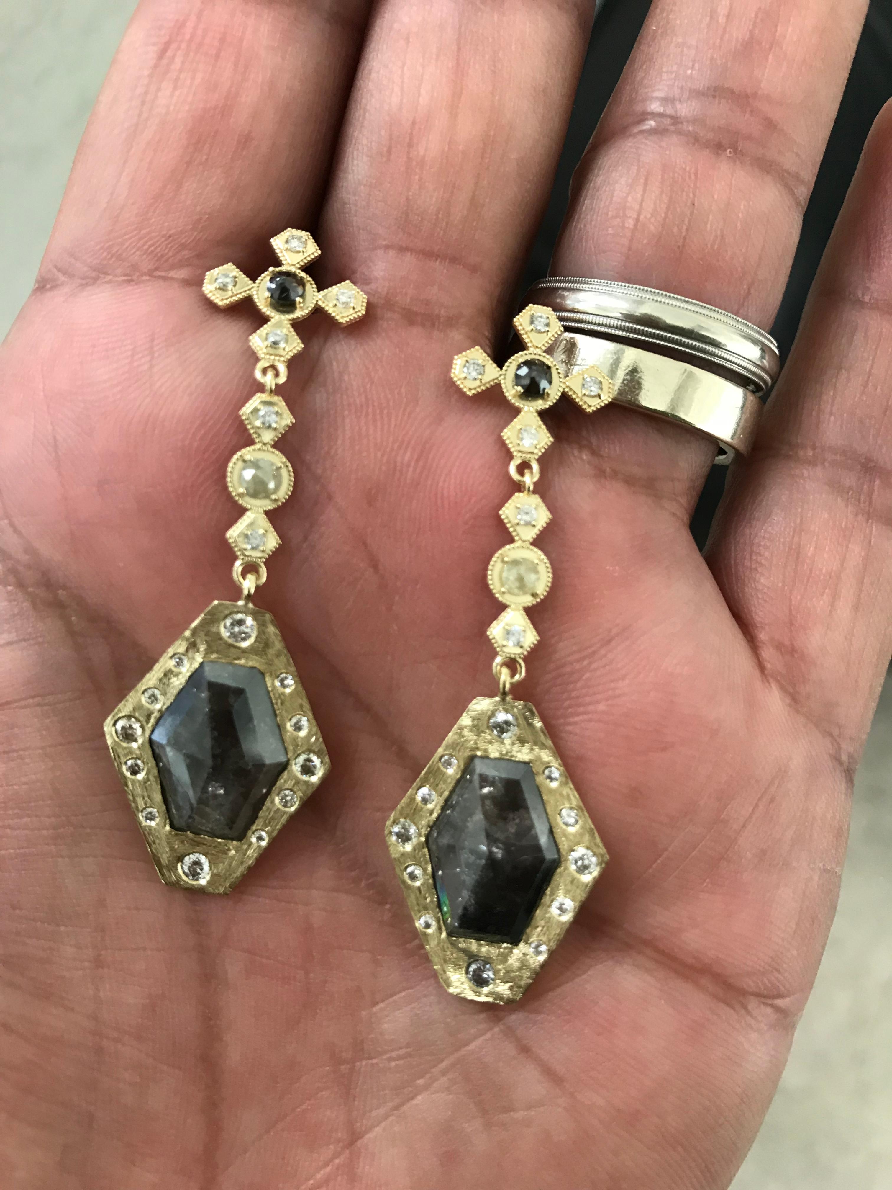 Natural Salt and Pepper Color Trapeze  Rosecut and White Diamond Earrings in 18k Yellow Gold designed by Amyn The Jeweler.

Pair of large Trapeze  diamonds 10.48 cts. 

White full cut diamonds 36 diamonds 0.94 cts. 

4 Rose cut diamonds 0.60cts.