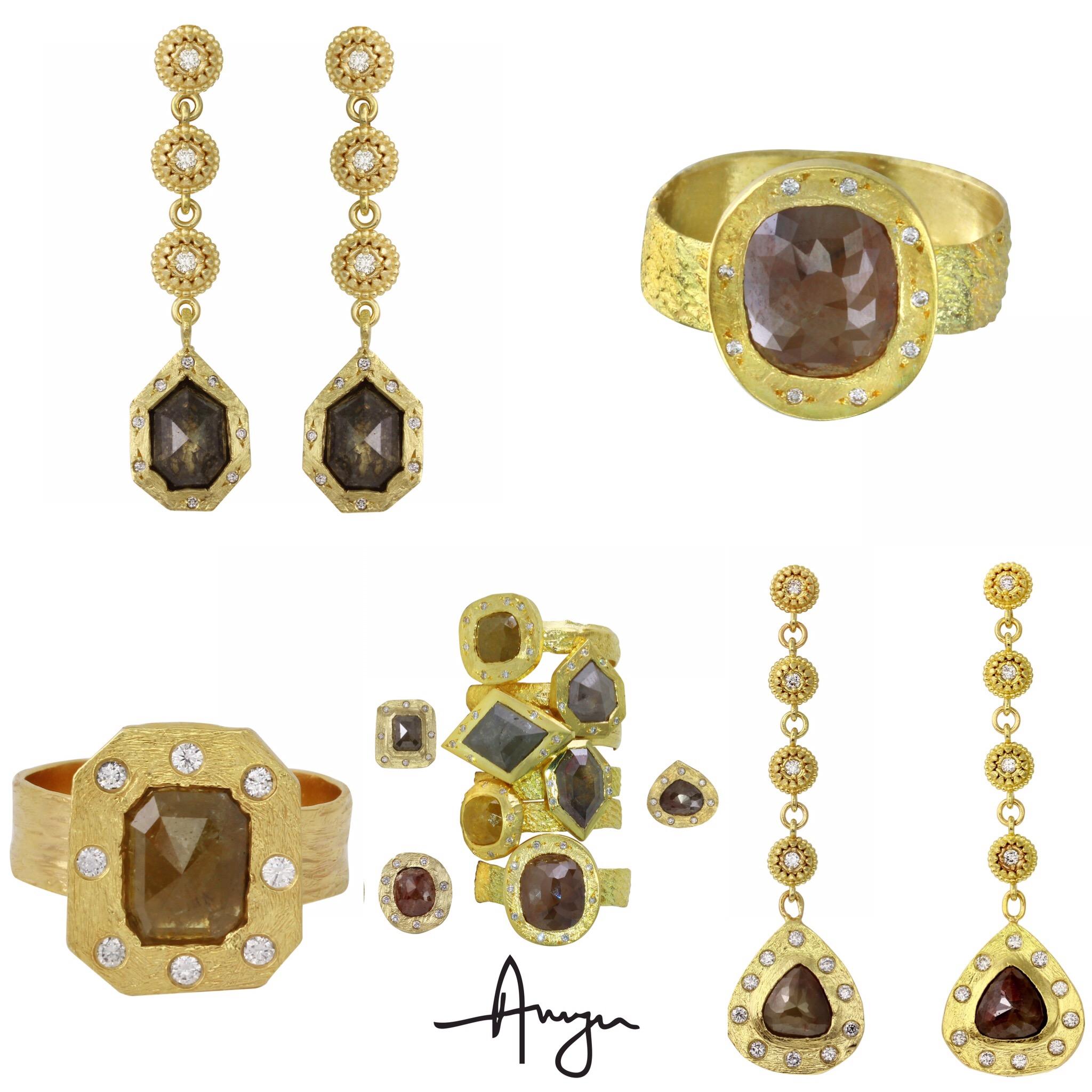 Women's Amyn, Trapeze Rose Cut Pendant Dangle Diamond Earrings in 18k Yellow Gold For Sale