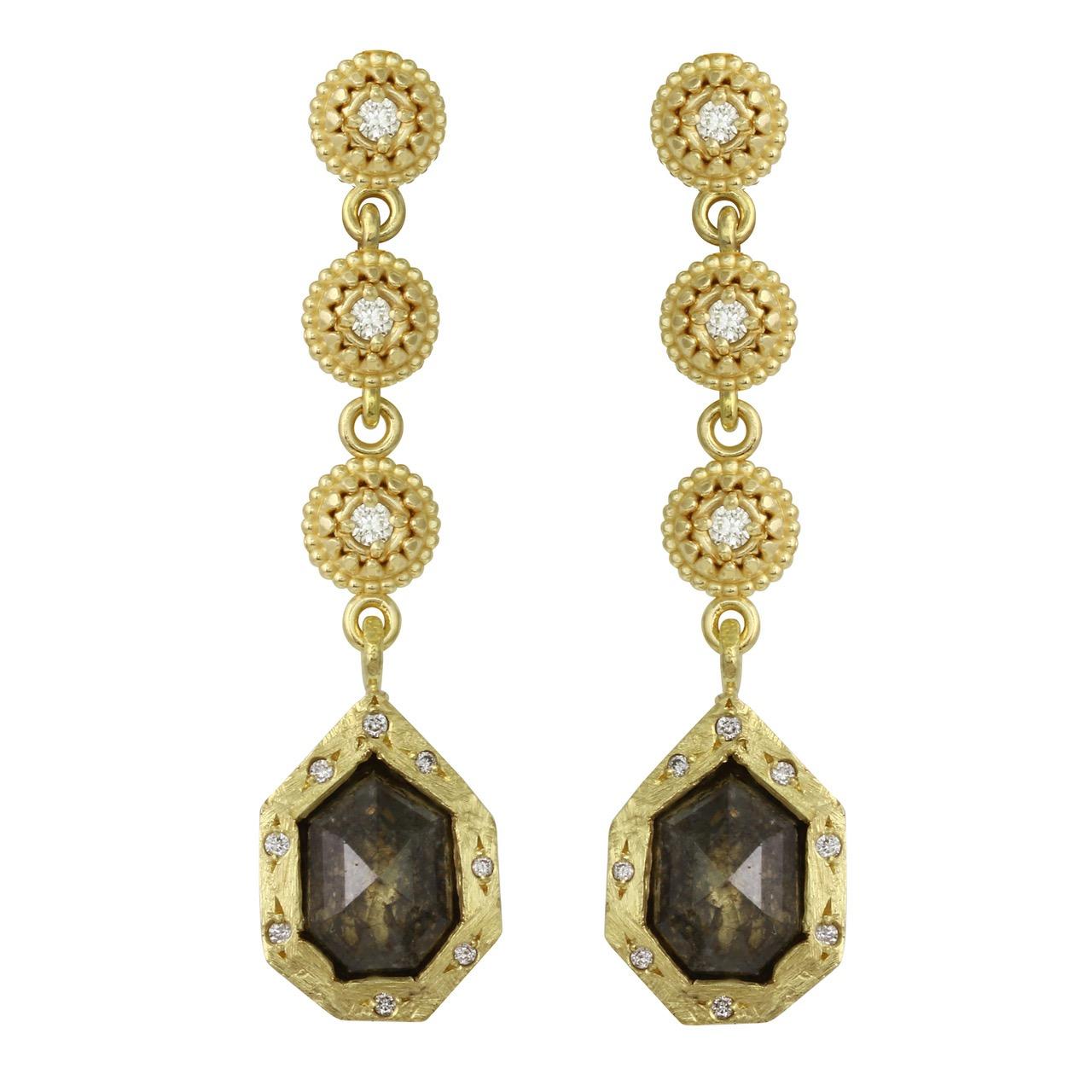 Amyn, Trapeze Rose Cut Pendant Dangle Diamond Earrings in 18k Yellow Gold For Sale 1