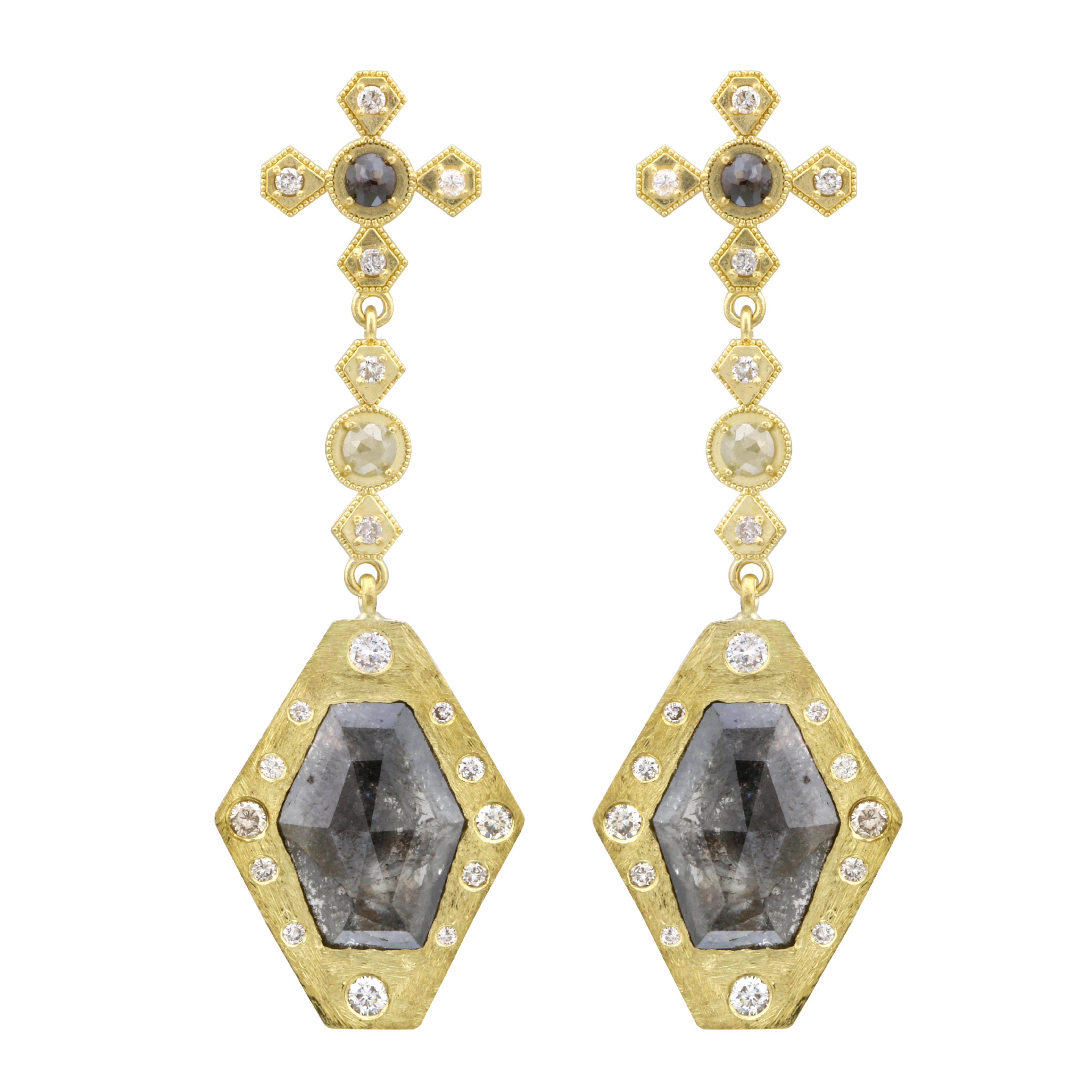 Amyn, Trapeze Rose Cut Pendant Dangle Diamond Earrings in 18k Yellow Gold For Sale