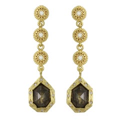 Amyn, Trapeze Rose Cut Pendant Dangle Diamond Earrings in 18k Yellow Gold