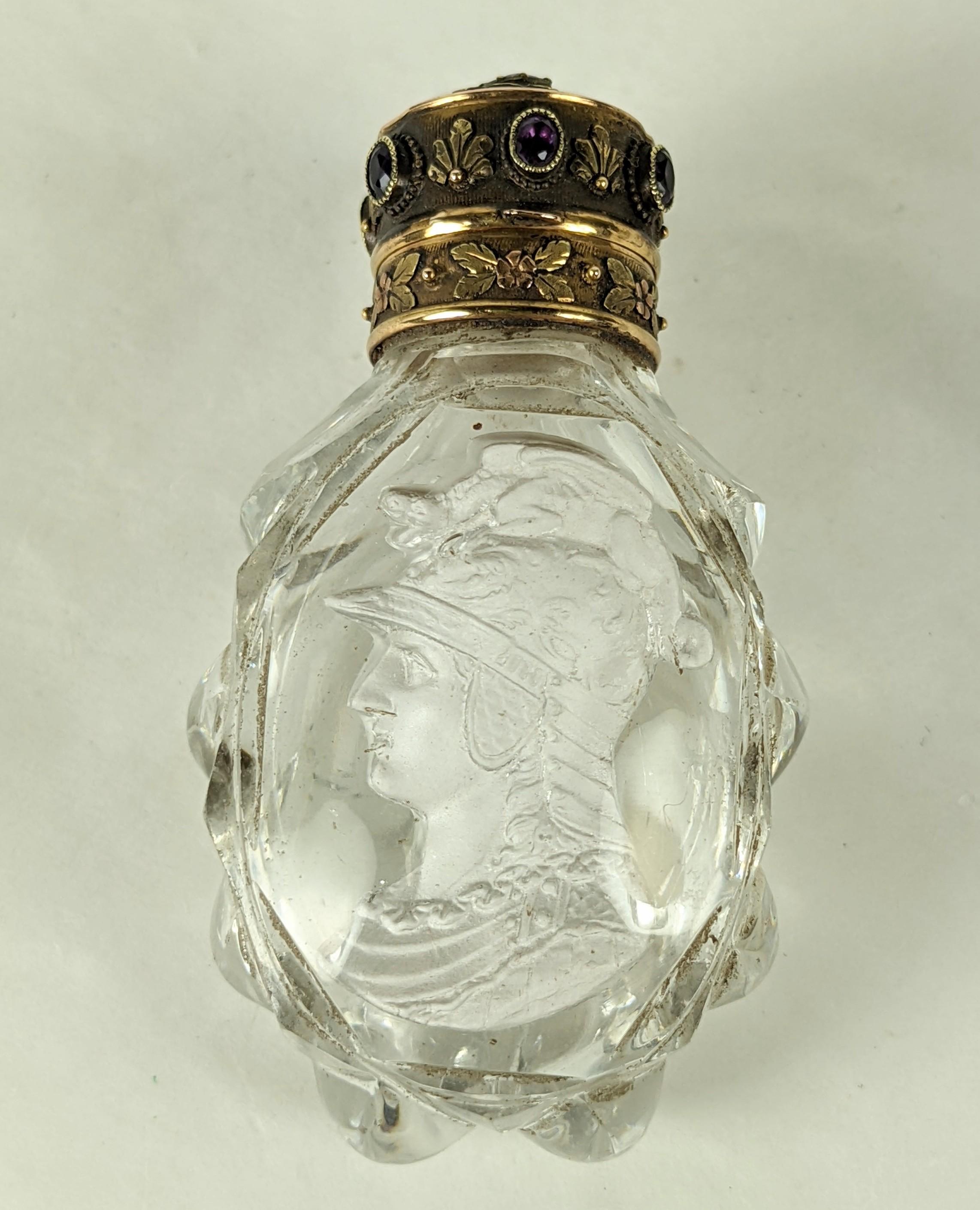 Amythest and 18k Tri Color Gold Sulphide Cameo Scent Bottle on Stand, early 19th Century, possibly by Baccarat. A custom made period stand in sterling allows the bottle to be displayed and displayed upright. Wonderful early sulphide cameo of a