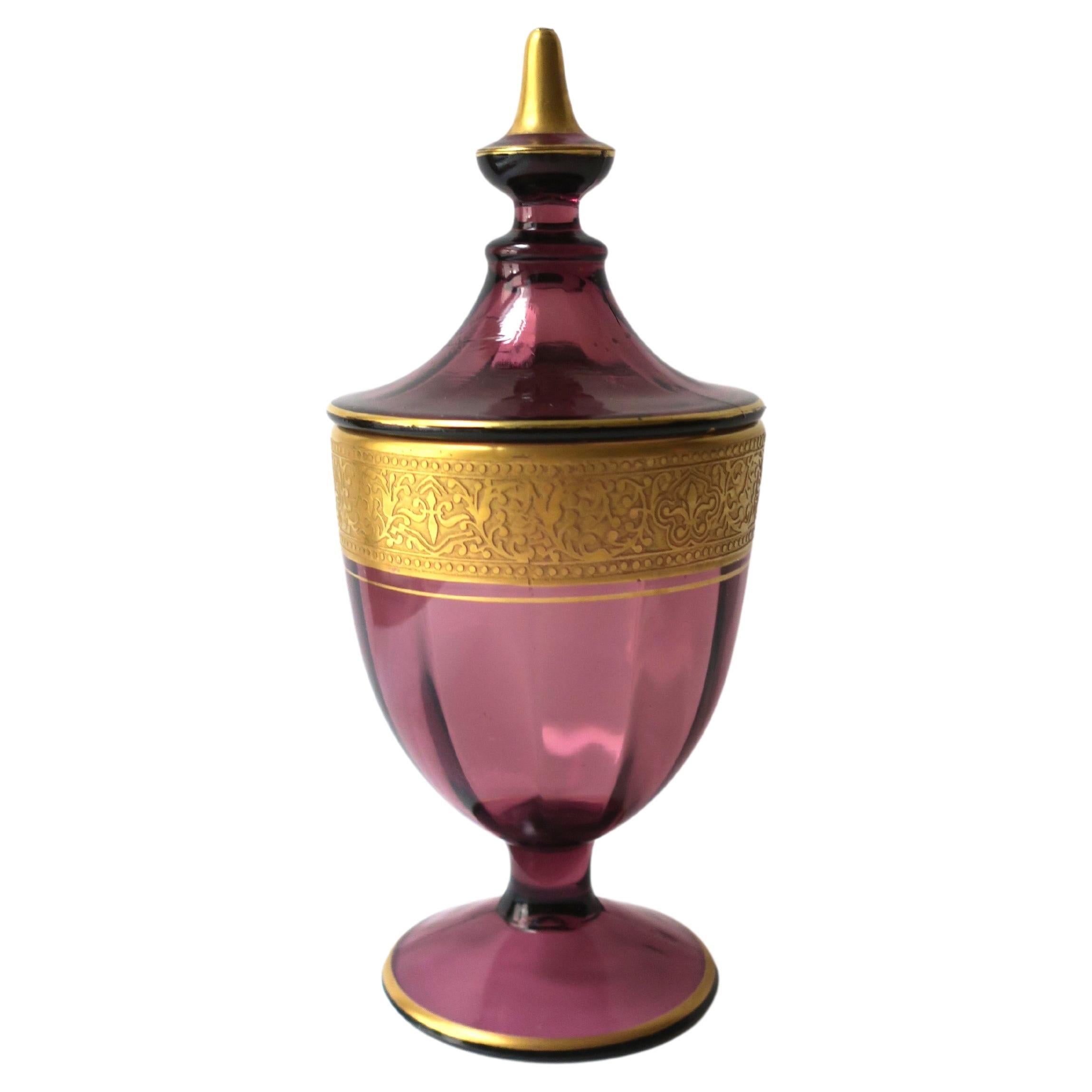 Amythyst Purple and Gold Moser Style Glass Urn Box  For Sale