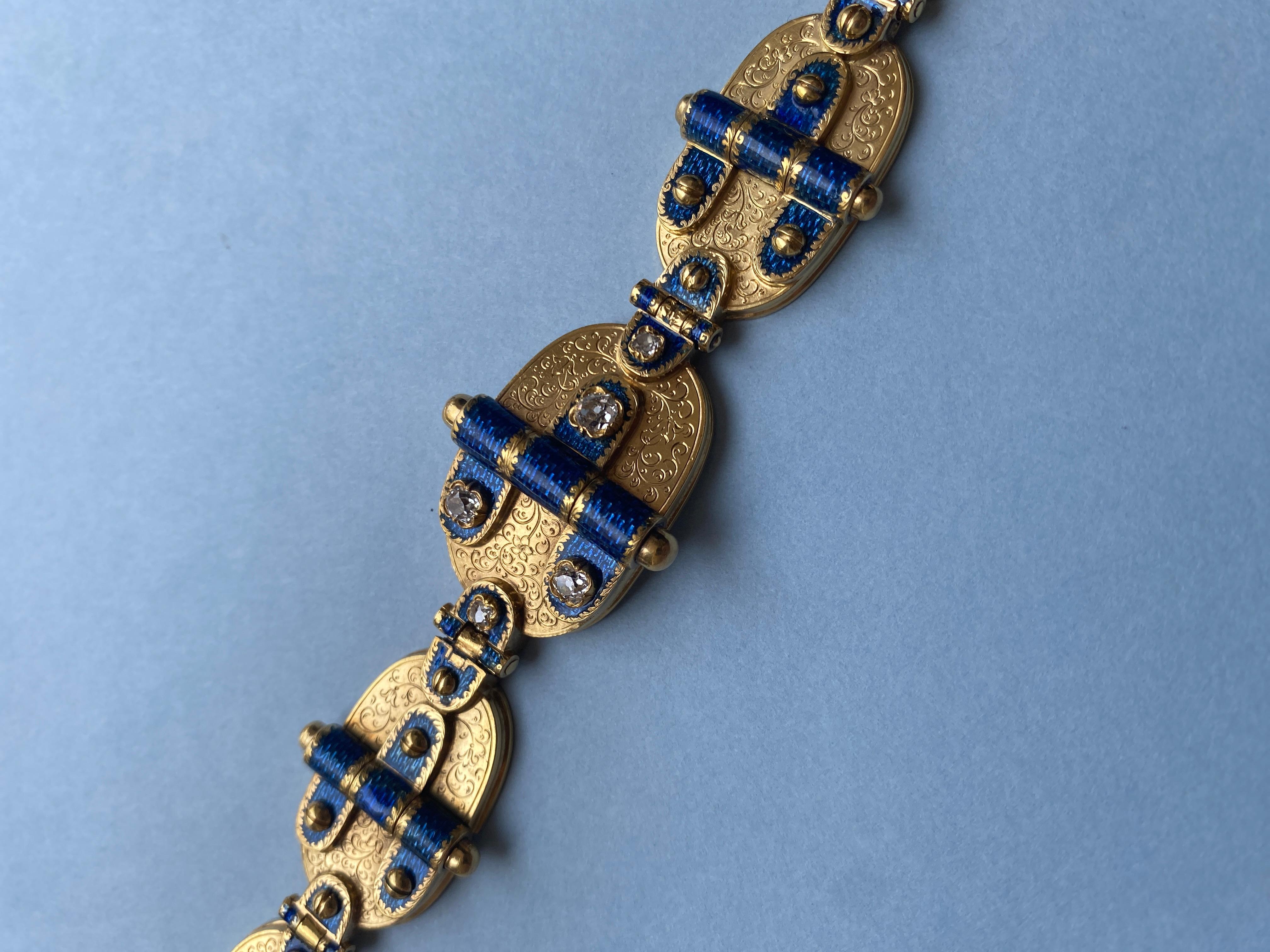 Old Mine Cut An 14 Carat Yellow Gold Antique Bracelet with Enamel and DIamonds For Sale