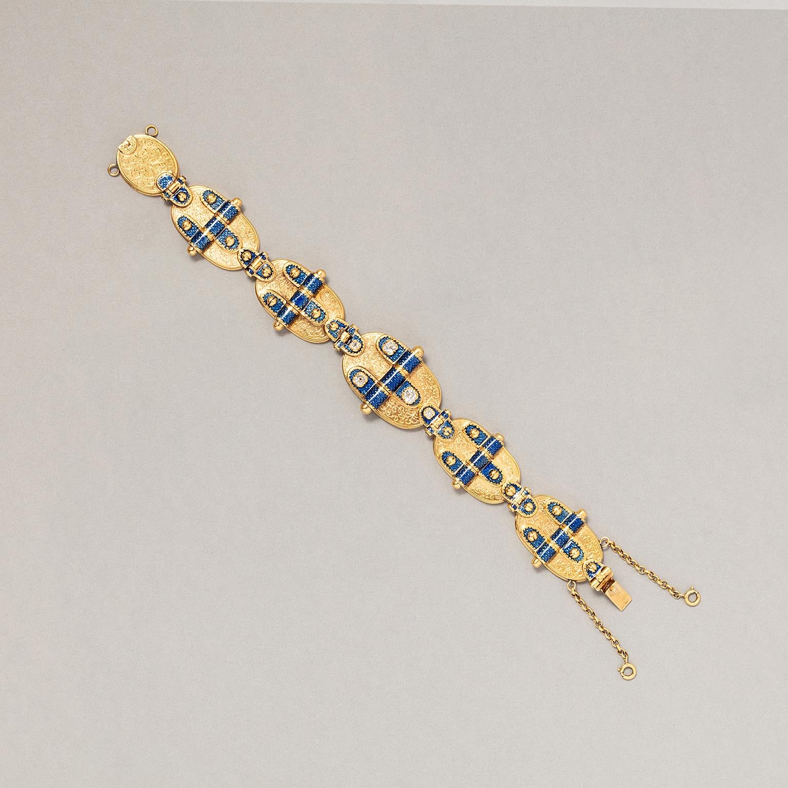 An 14 Carat Yellow Gold Antique Bracelet with Enamel and DIamonds For Sale 1
