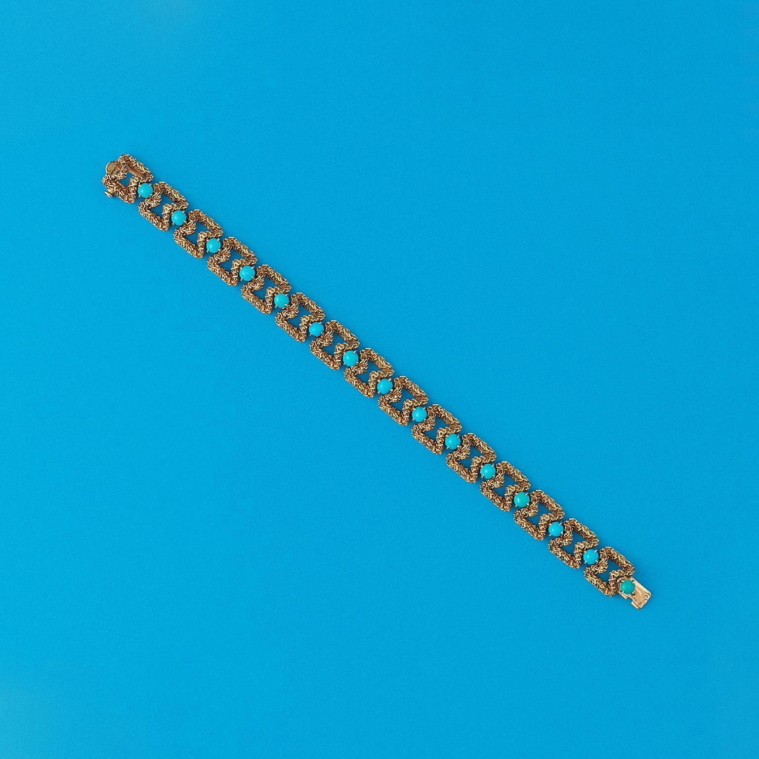 An 18 carat yellow gold bracelet with hourglass shaped links with in between every two links a cabochon cut turquoise in a tiny four claw mounting, signed: Mauboussin Paris, circa 1960.

weight: 41.71 grams 
length: 18 cm well fitted for a wrist
