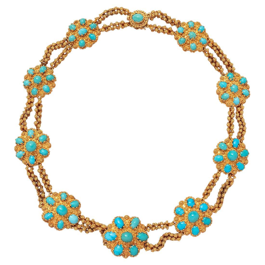 An 18 Carat Gold and Turquoise Necklace For Sale