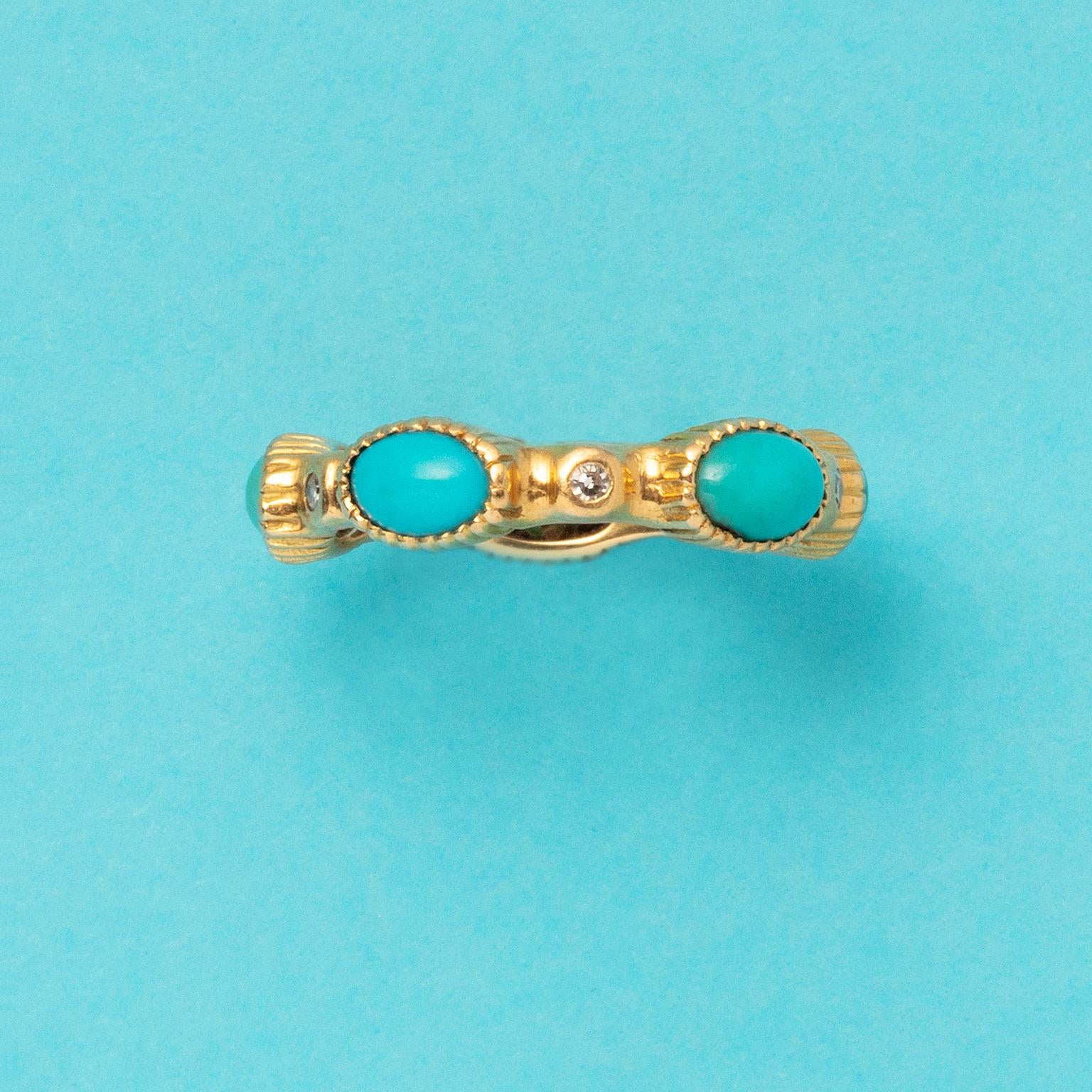 An 18 carat gold eternity pinky ring with oval cabochon cut turquoises set in large mille griffe setting alternated with brilliant cut diamonds, signed and numbered: Cartier, Paris, 32 499. 

weight: 3.02 gram
ring size: 15.5 mm. / 4.5 US