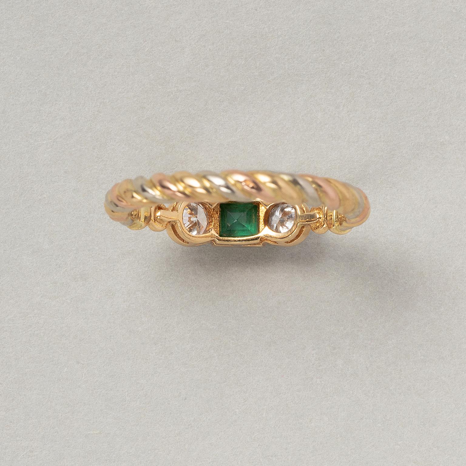 Women's or Men's An 18 Carat Gold Cartier Three-Stone Ring with Diamond and Emerald