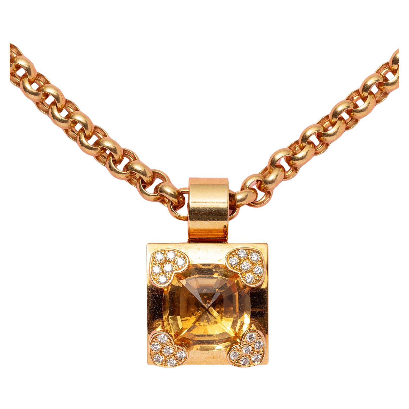 An 18 Carat Gold Citrine and Diamond Chopard Pendant and Chain For Sale