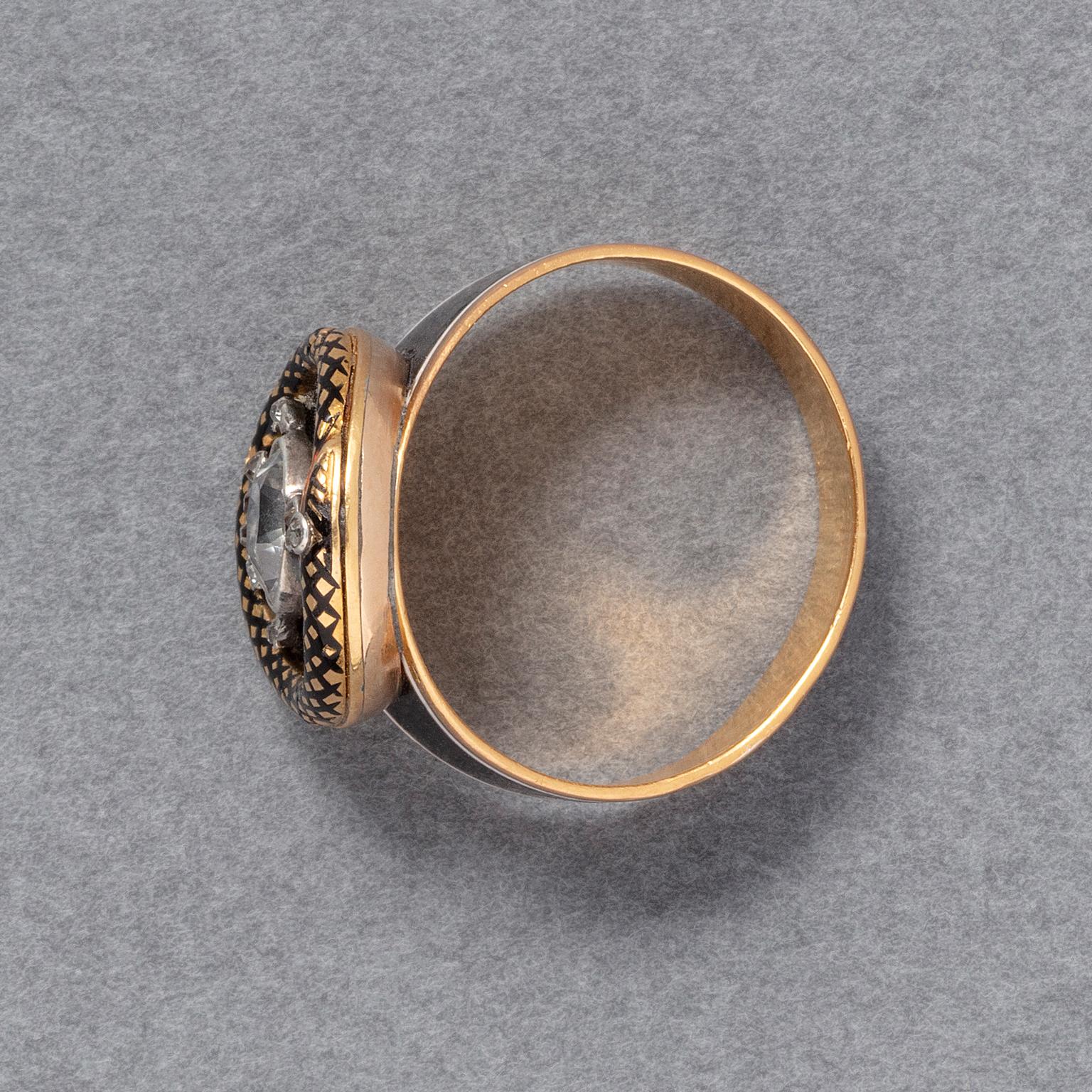 Women's or Men's an 18 Carat Gold Diamond and Enamel Snake Mourning Ring For Sale