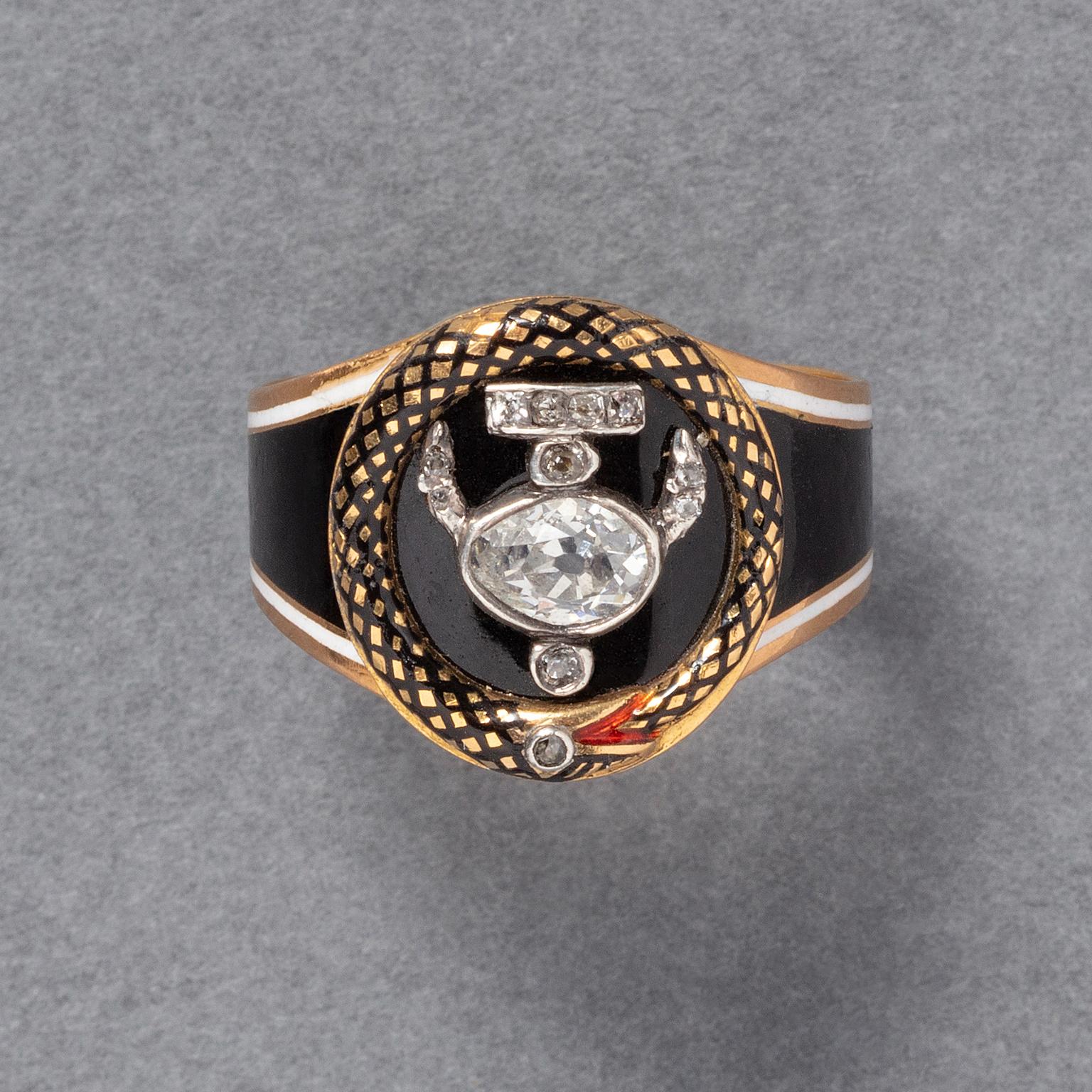 an 18 Carat Gold Diamond and Enamel Snake Mourning Ring For Sale 1