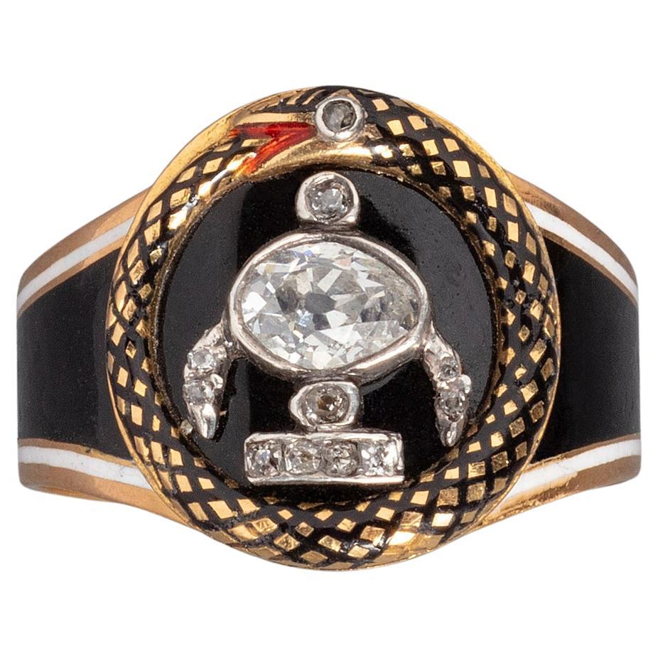 Bague de deuil en or 18 carats diamant et émail serpent