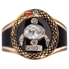 Bague de deuil en or 18 carats diamant et émail serpent