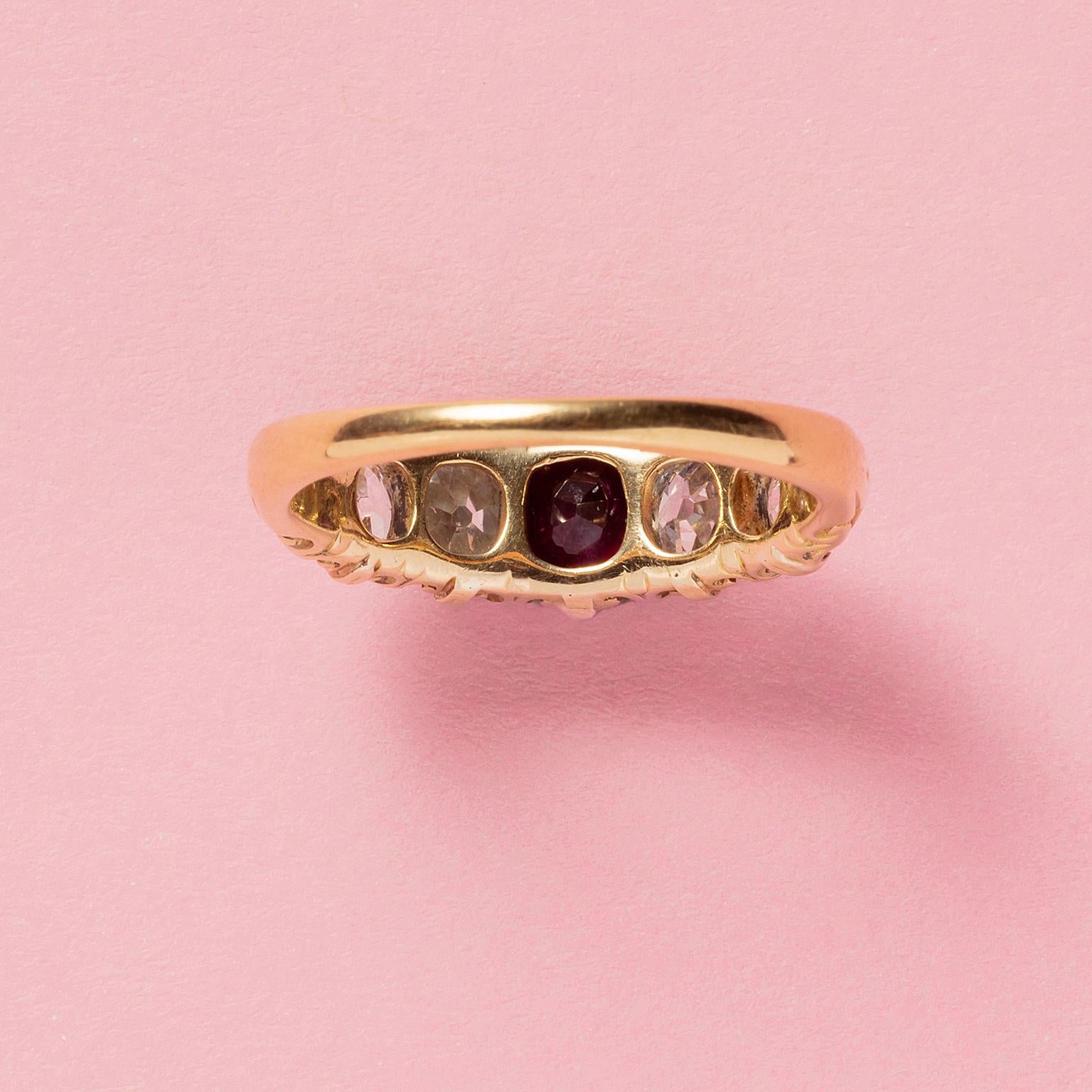 Old Mine Cut 18 Carat Gold Diamond and Ruby Row Ring For Sale
