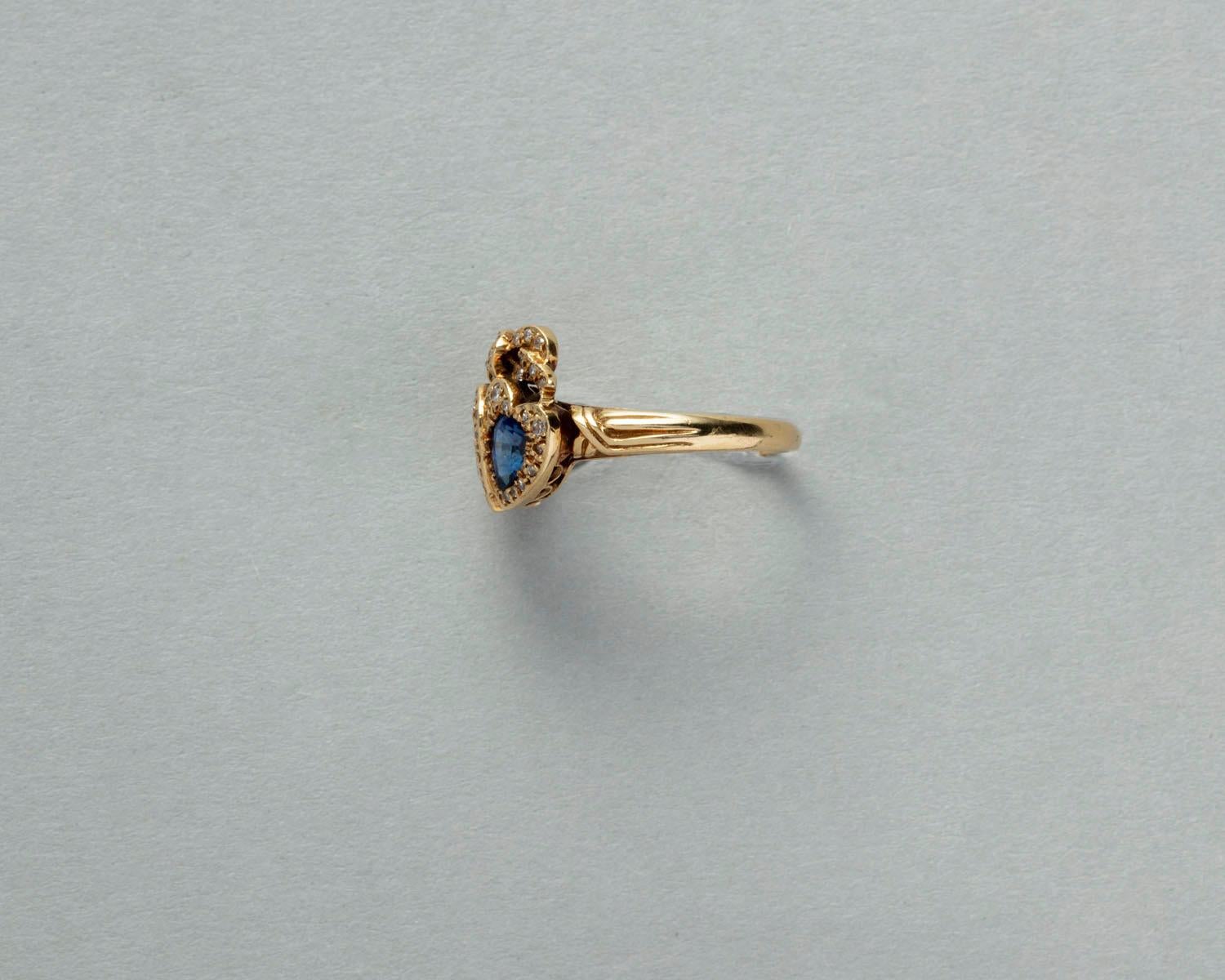 18 Karat Gold Diamant und Saphir Doppelherz-Ring im Zustand „Gut“ im Angebot in Amsterdam, NL