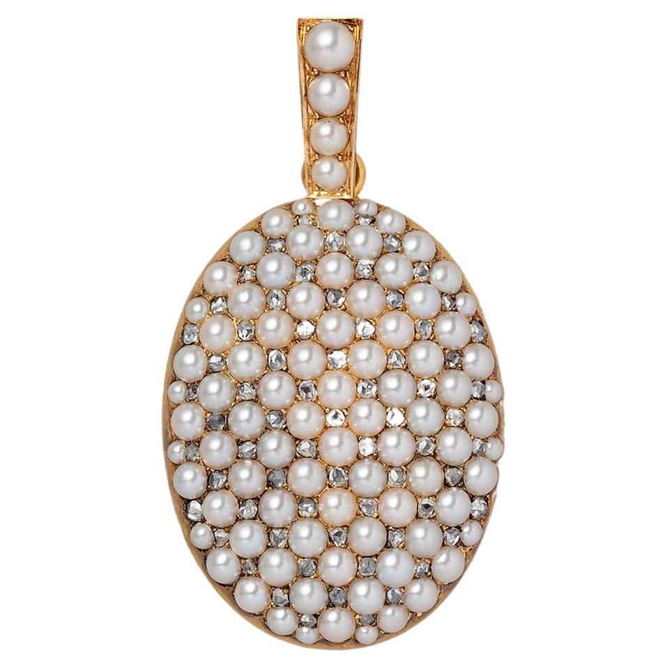 An 18 Carat Gold French Locket with Pearls and Rose Cut Diamonds