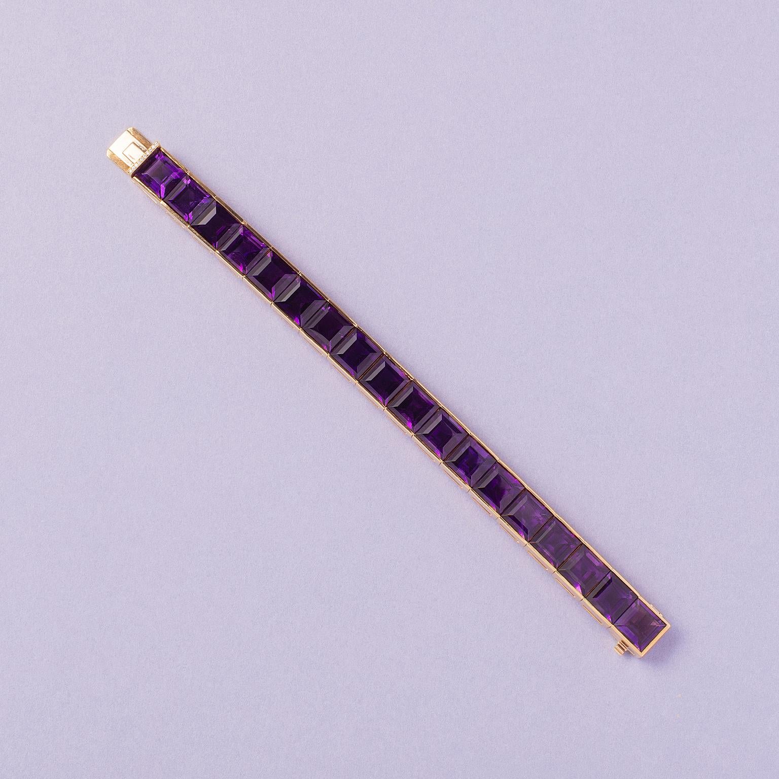 Square Cut 18 Carat Gold Line Bracelet with Amethyst and Diamond