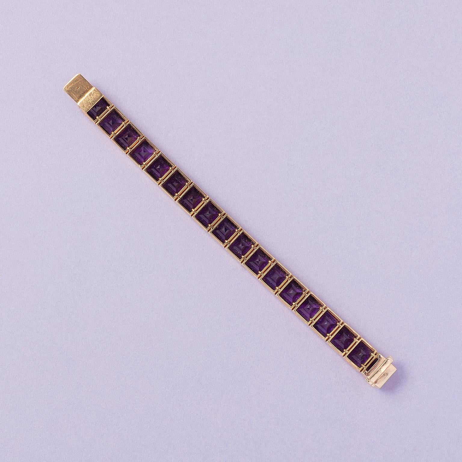 18 Carat Gold Line Bracelet with Amethyst and Diamond In Good Condition In Amsterdam, NL