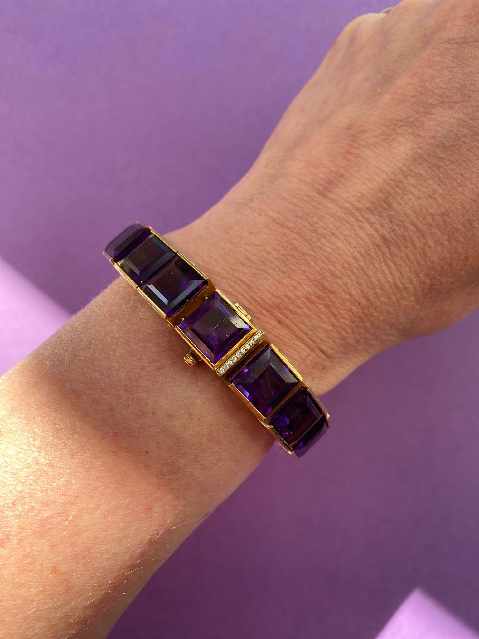 Women's or Men's 18 Carat Gold Line Bracelet with Amethyst and Diamond