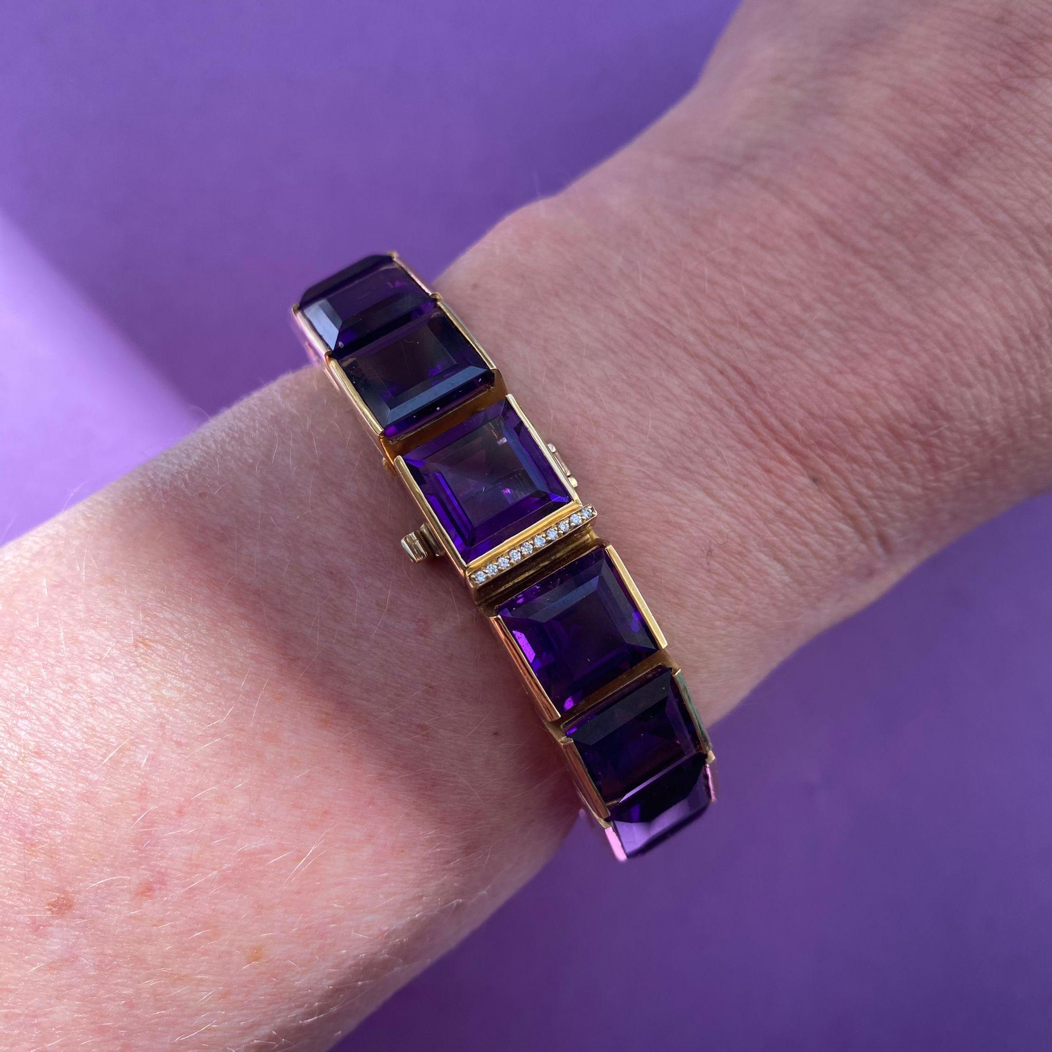 18 Carat Gold Line Bracelet with Amethyst and Diamond 1