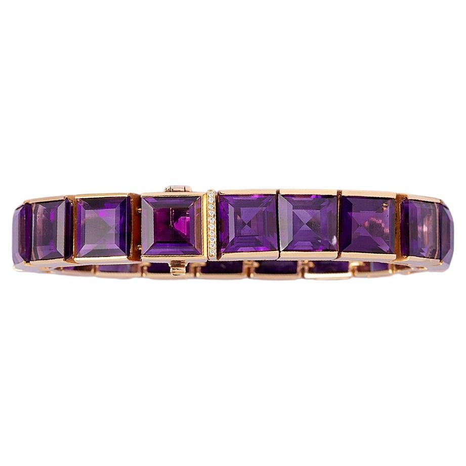 18 Carat Gold Line Bracelet with Amethyst and Diamond