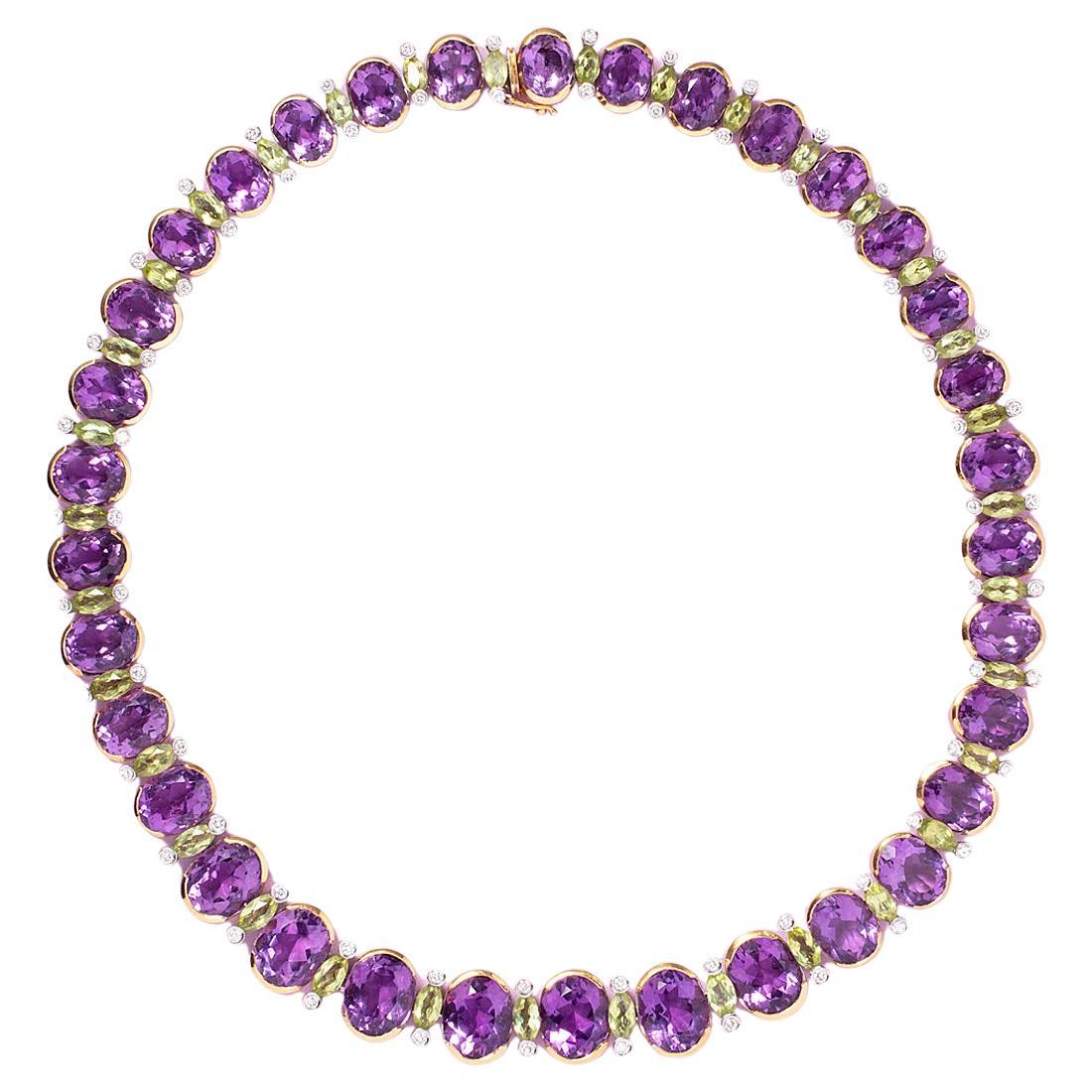 An 18 Carat Gold Necklace with Amethyst, Peridot and Diamond