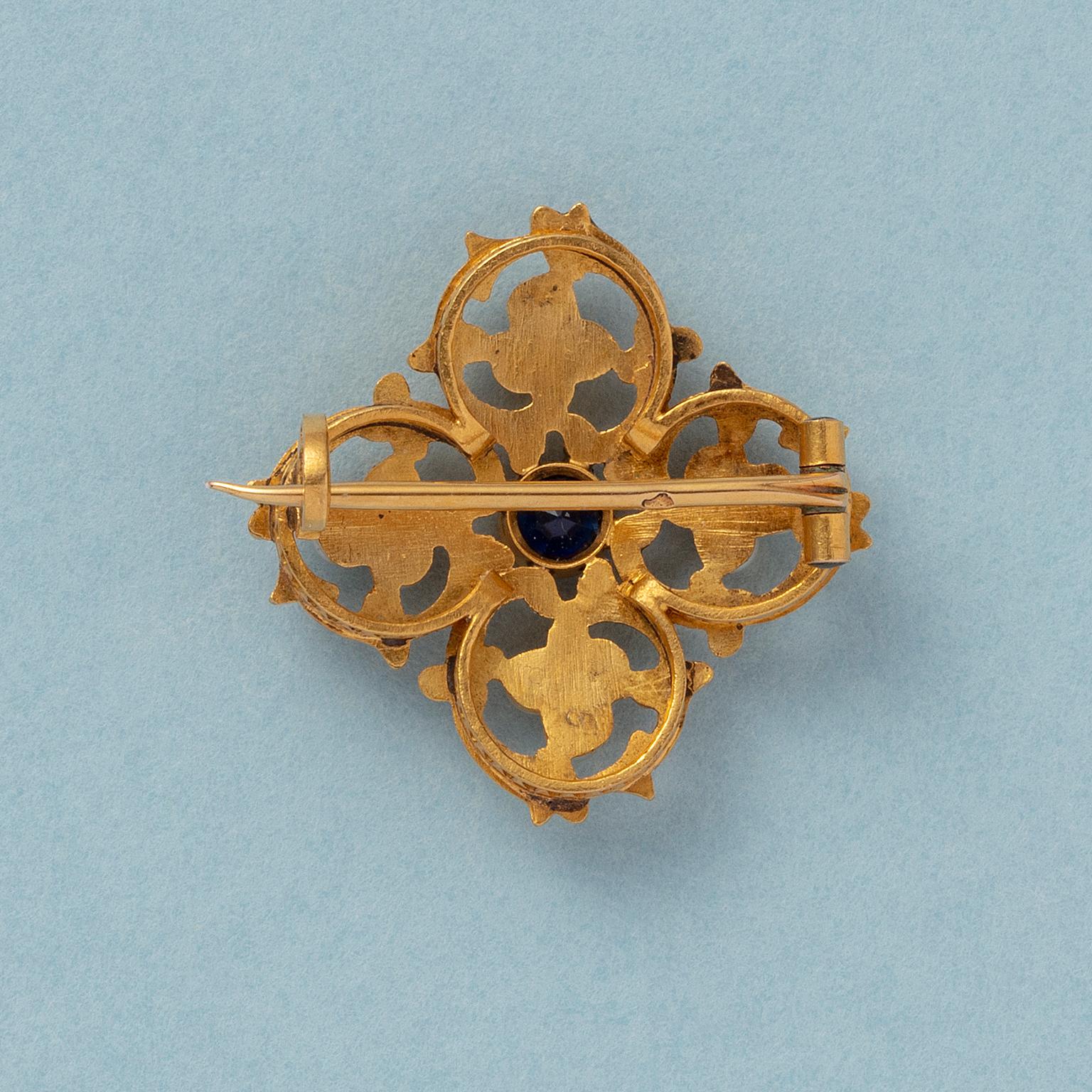 Brilliant Cut 18 Carat Gold Sapphire and Pearl French Brooch