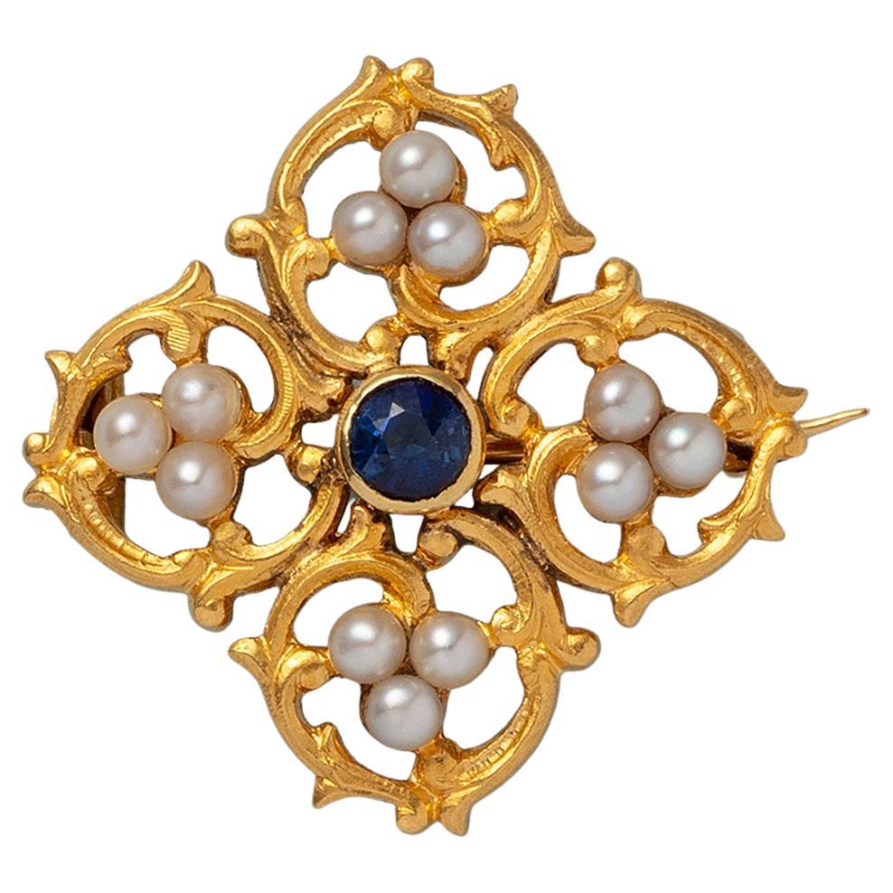 18 Carat Gold Sapphire and Pearl French Brooch