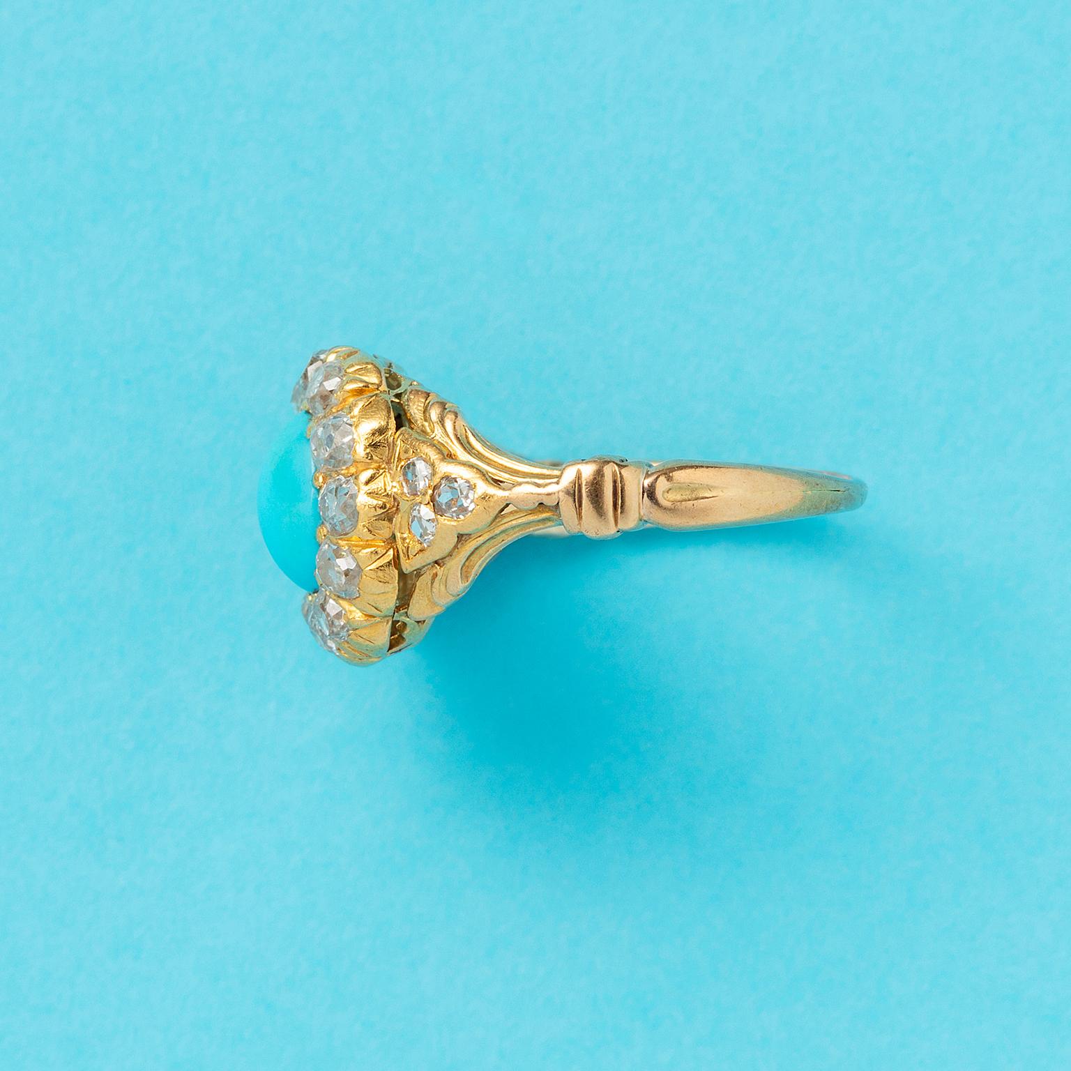 Old Mine Cut An 18 Carat Gold Turquoise and Diamond Ring For Sale