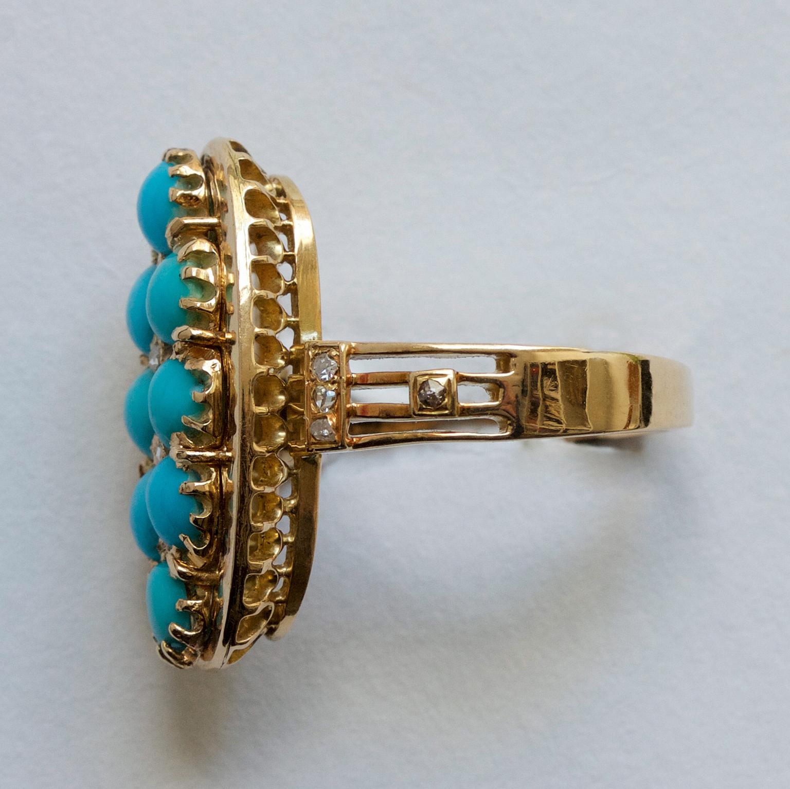 18 Carat Gold Turquoise and Diamond Victorian Ring In Good Condition In Amsterdam, NL