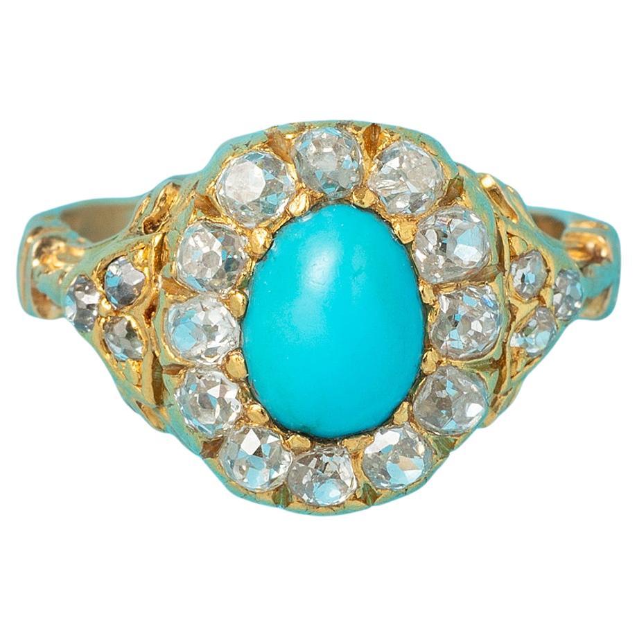 An 18 Carat Gold Turquoise and Diamond Ring For Sale